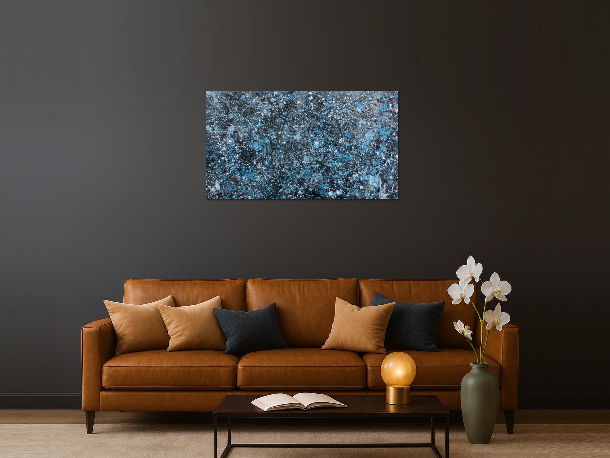 Modernes Gemälde abstraktes Acrylbild blau türkis mit glitzer und silber