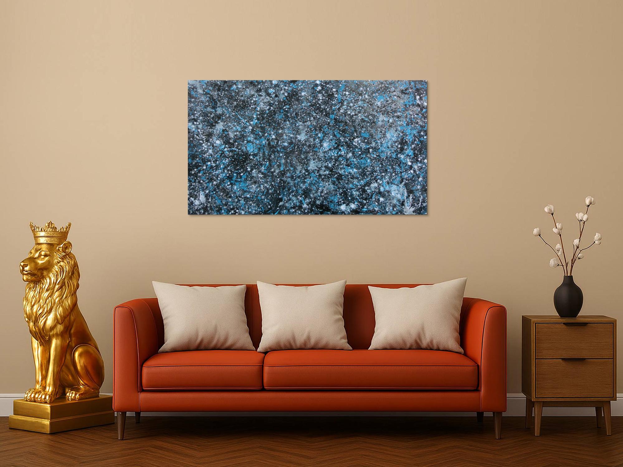 Modernes Gemälde abstraktes Acrylbild blau türkis mit glitzer und silber