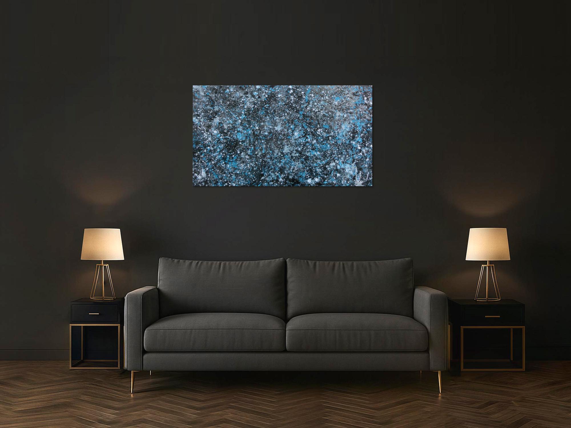Modernes Gemälde abstraktes Acrylbild blau türkis mit glitzer und silber