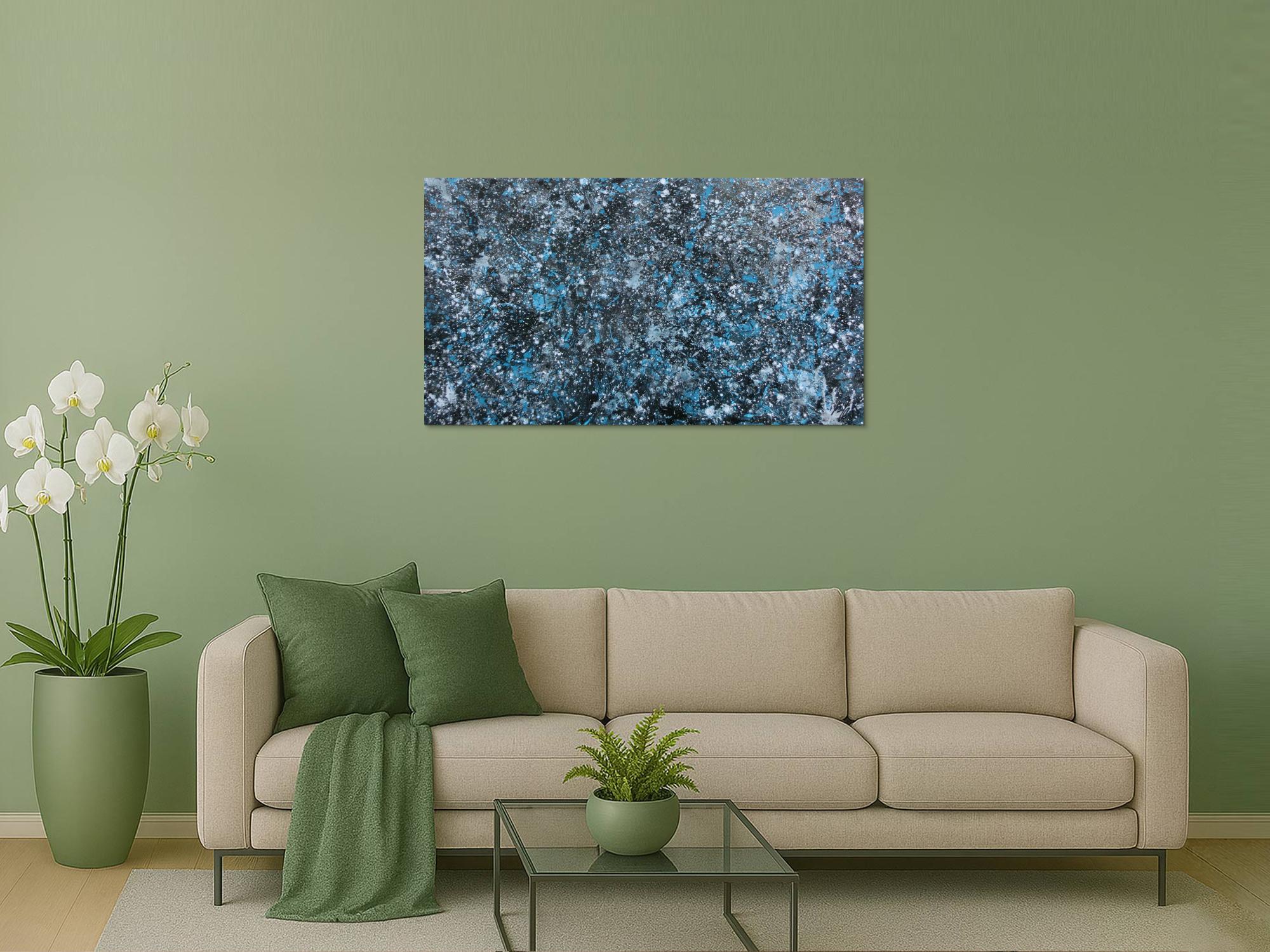 Modernes Gemälde abstraktes Acrylbild blau türkis mit glitzer und silber