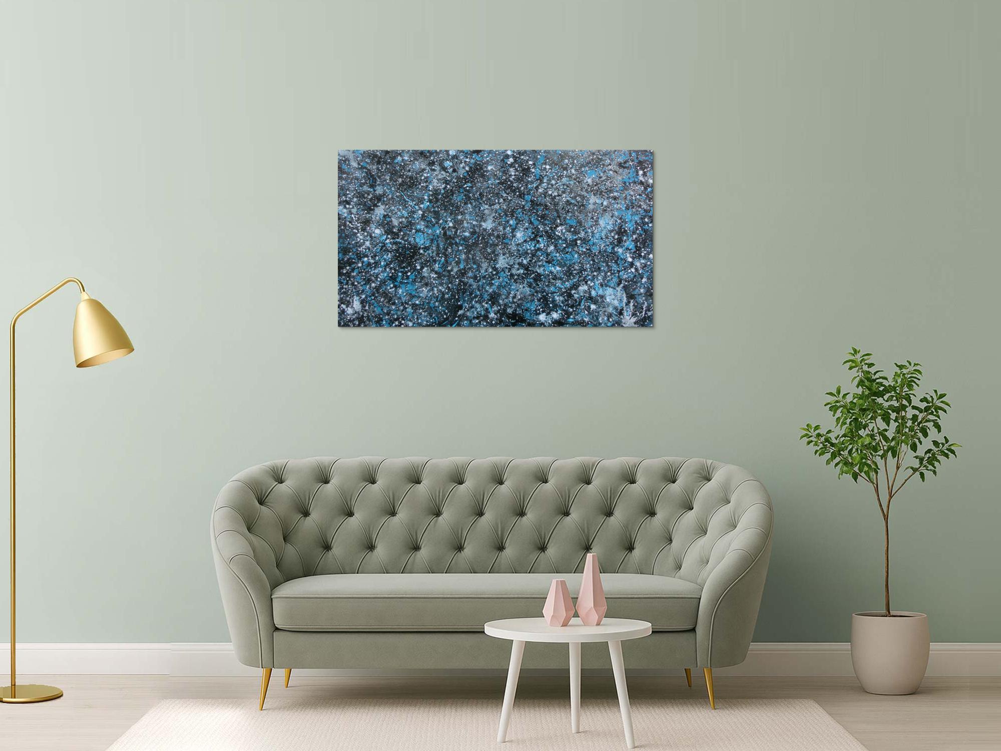 Modernes Gemälde abstraktes Acrylbild blau türkis mit glitzer und silber