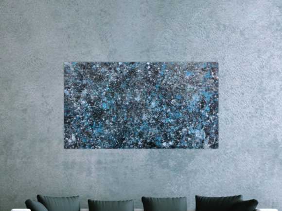 Modernes Gemälde abstraktes Acrylbild blau türkis mit glitzer und silber