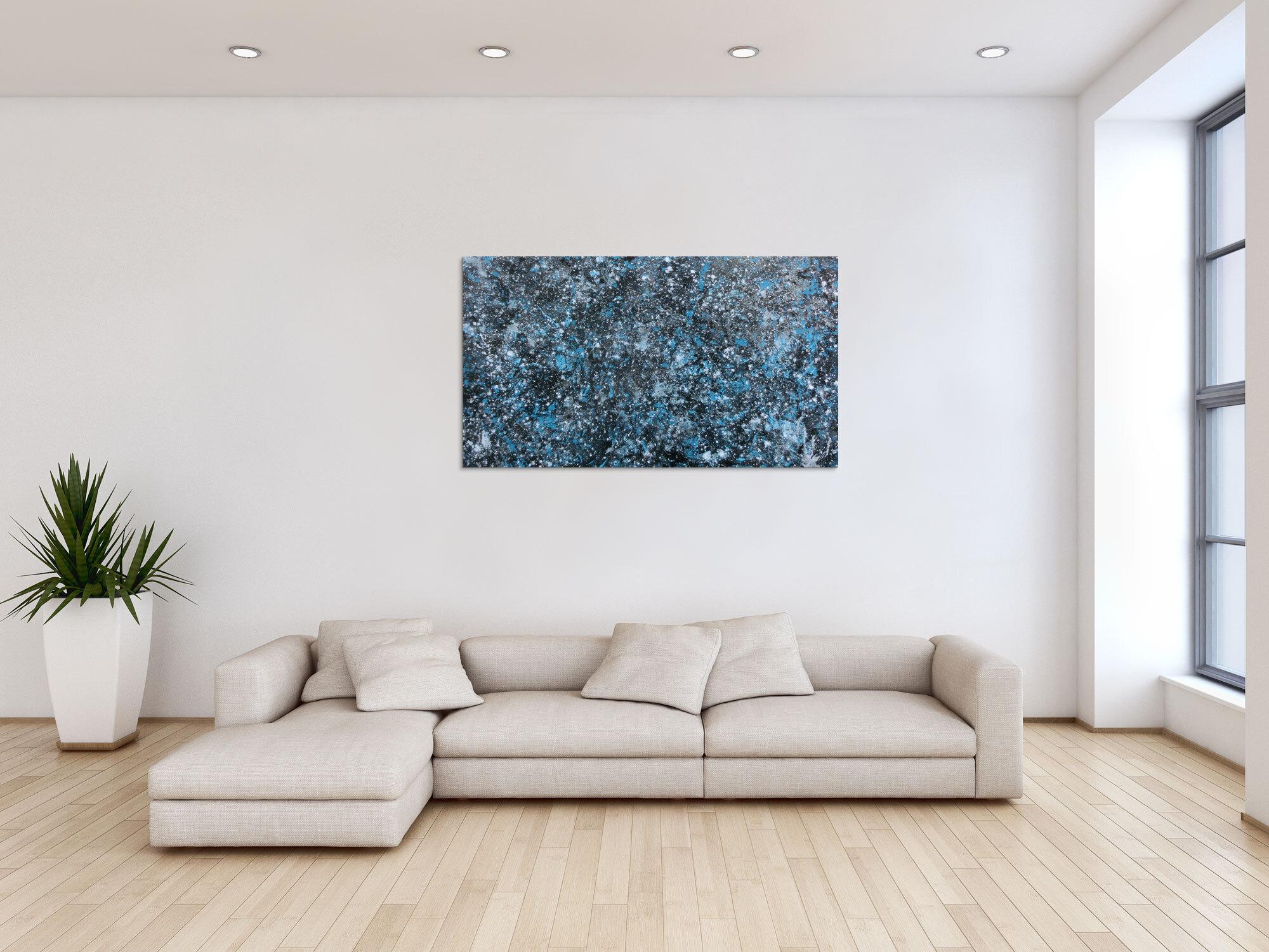 Modernes Gemälde abstraktes Acrylbild blau türkis mit glitzer und silber