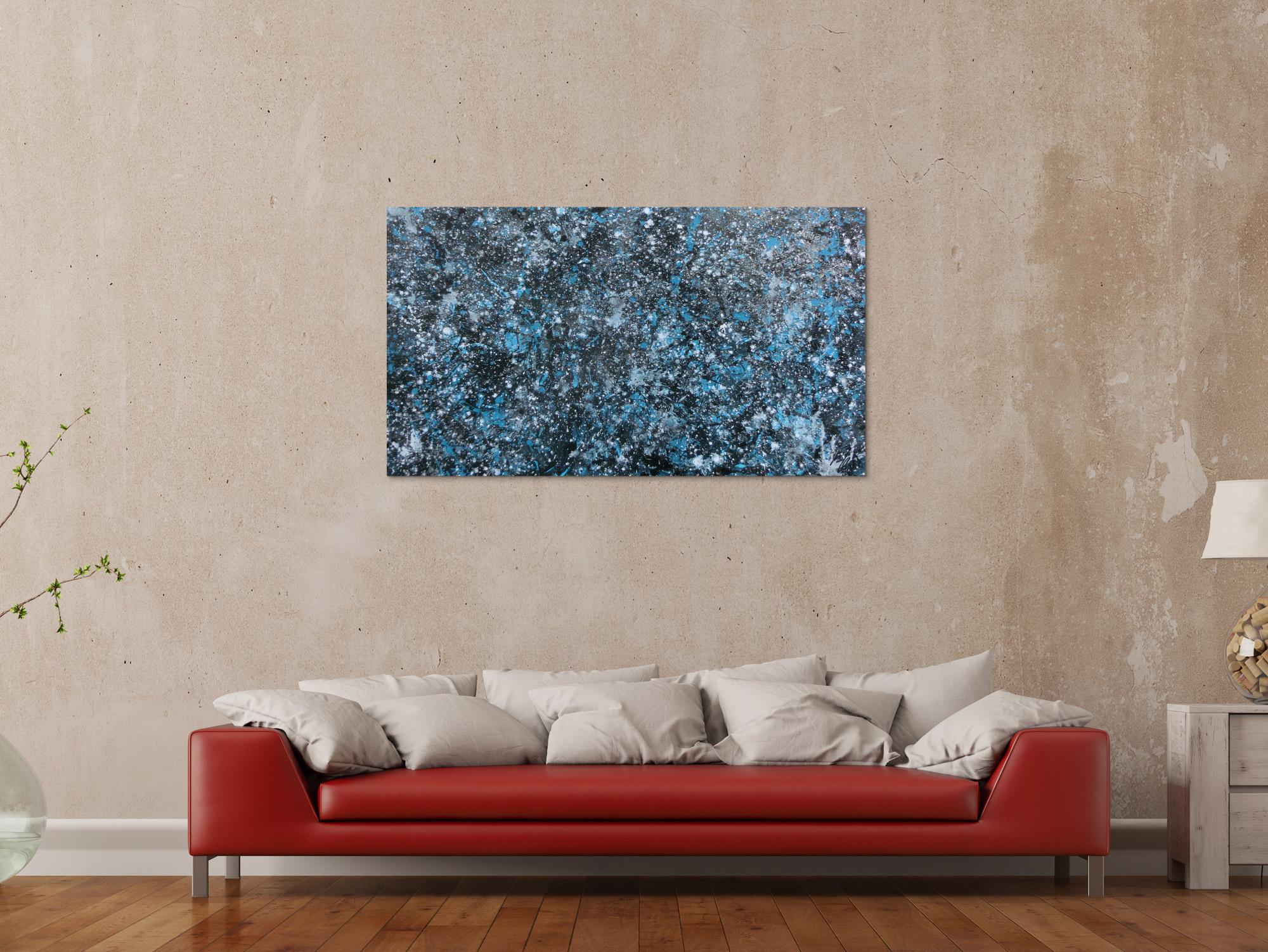 Modernes Gemälde abstraktes Acrylbild blau türkis mit glitzer und silber