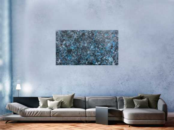 Modernes Gemälde abstraktes Acrylbild blau türkis mit glitzer und silber