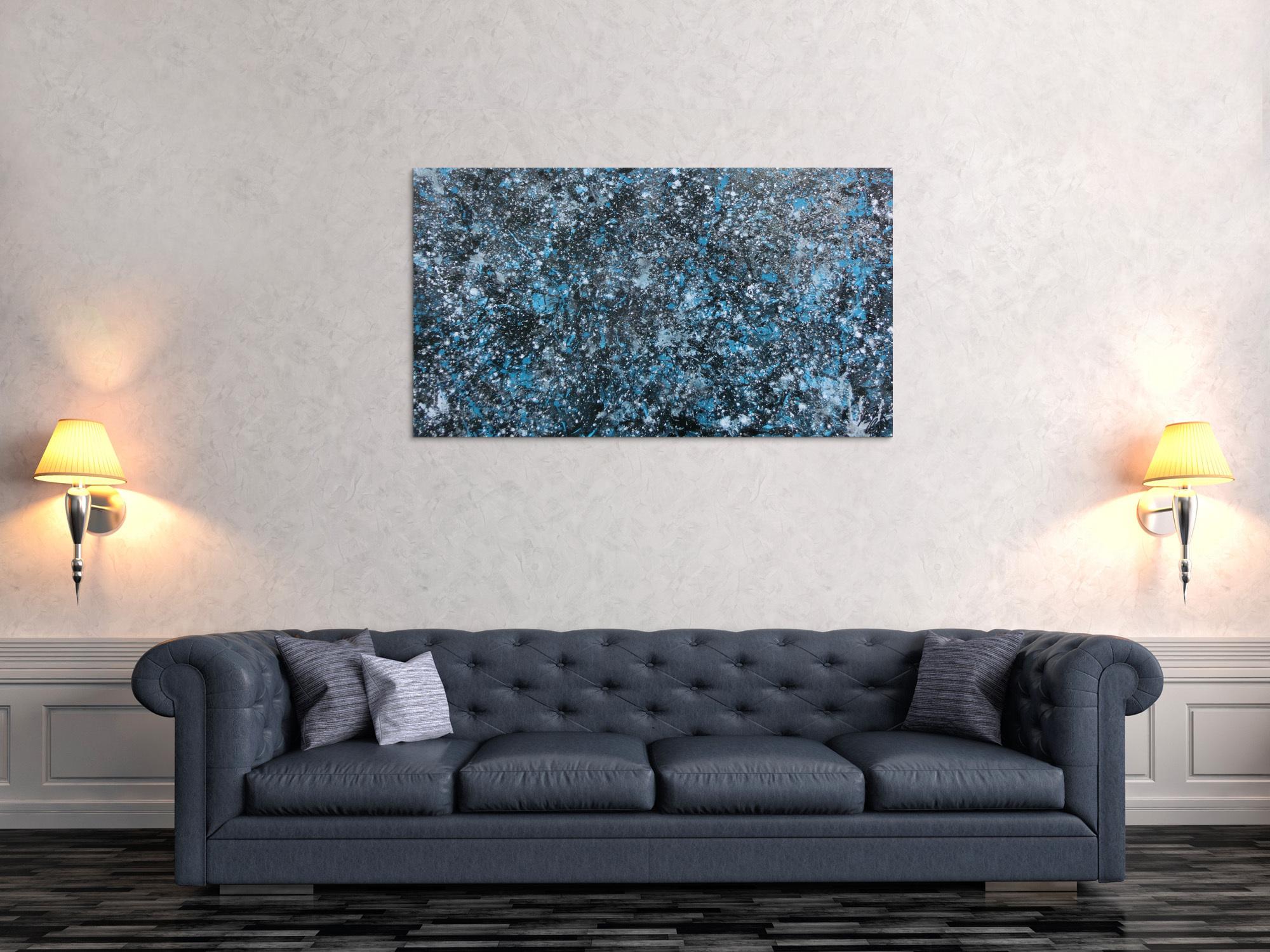 Modernes Gemälde abstraktes Acrylbild blau türkis mit glitzer und silber