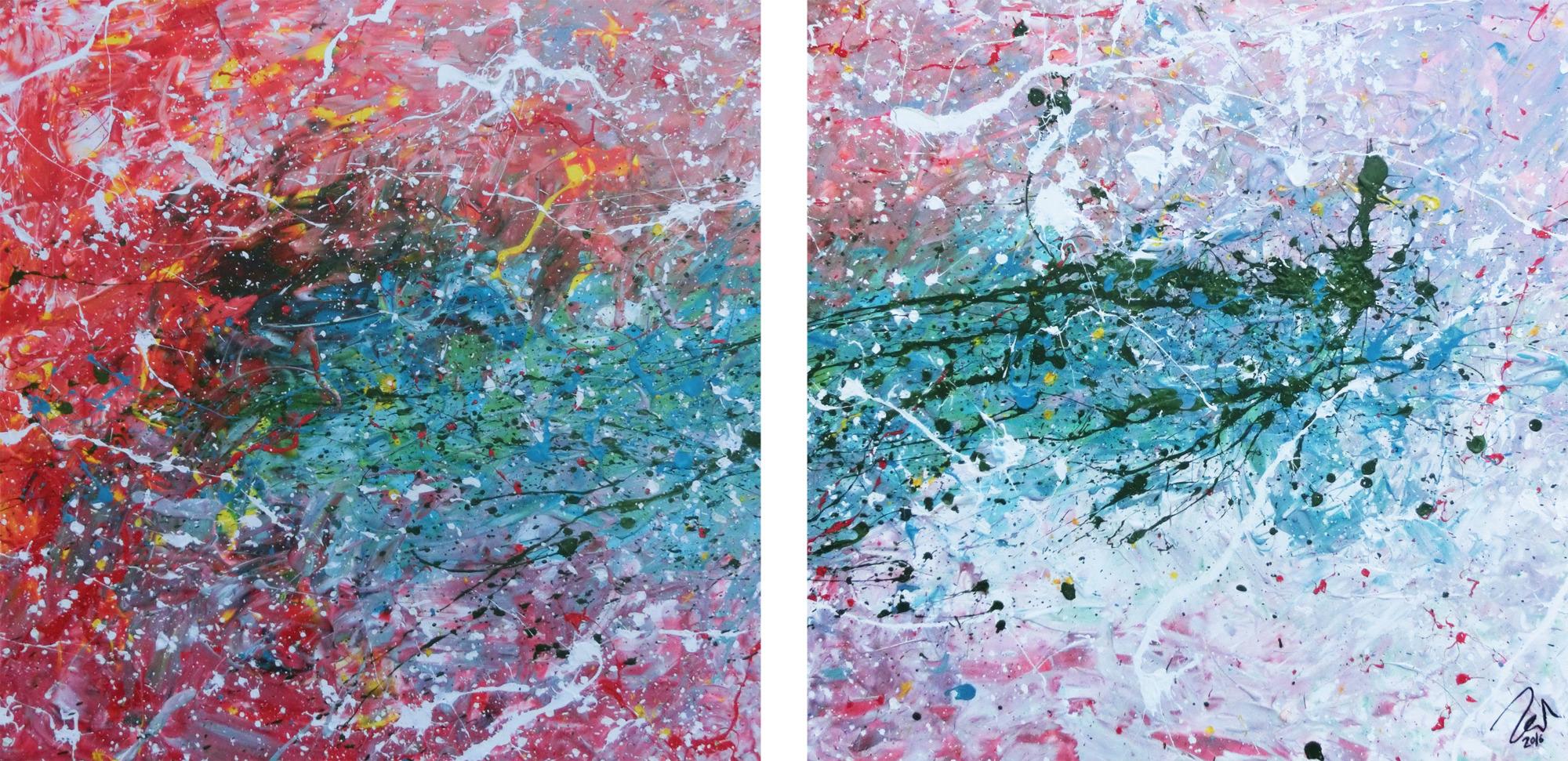 Abstraktes Gemälde modernes Acrylbild aus zwei Teilen helle Farben