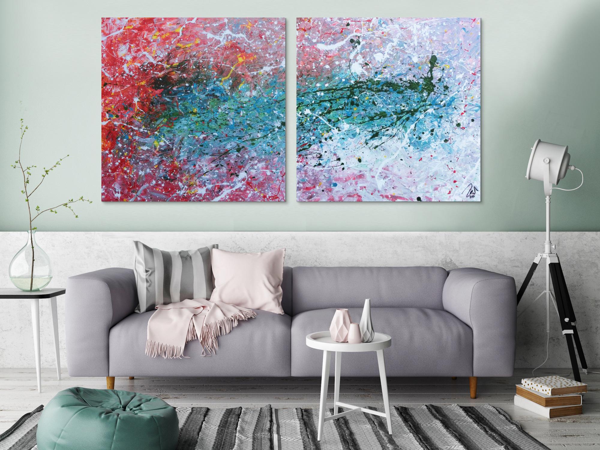 Abstraktes Gemälde modernes Acrylbild aus zwei Teilen helle Farben