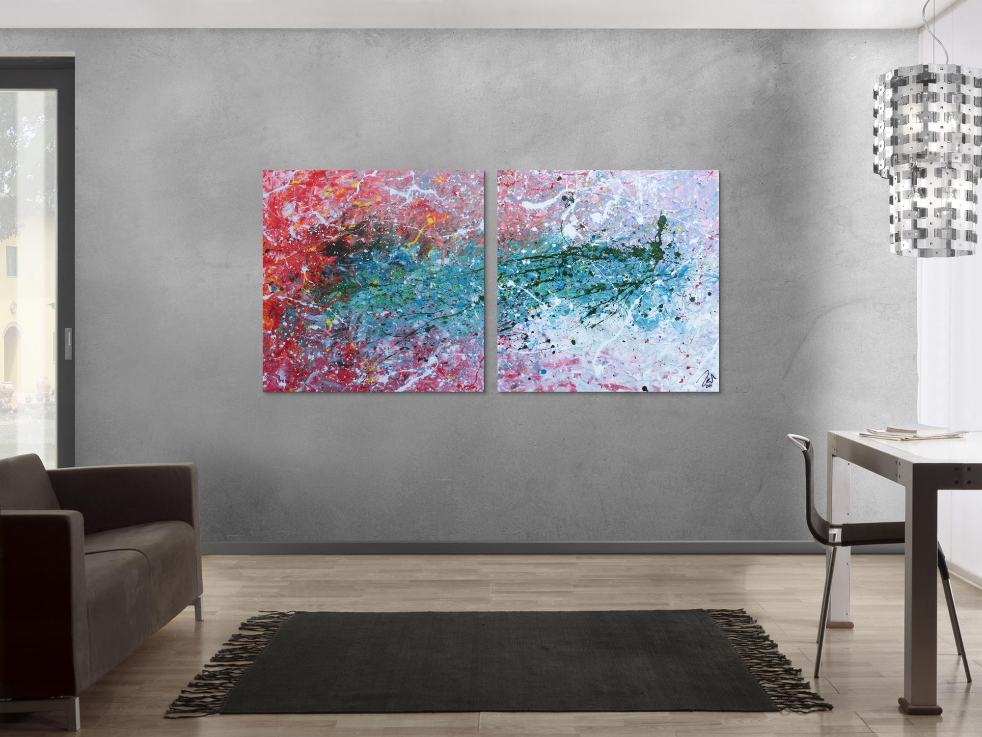 Abstraktes Gemälde modernes Acrylbild aus zwei Teilen helle Farben