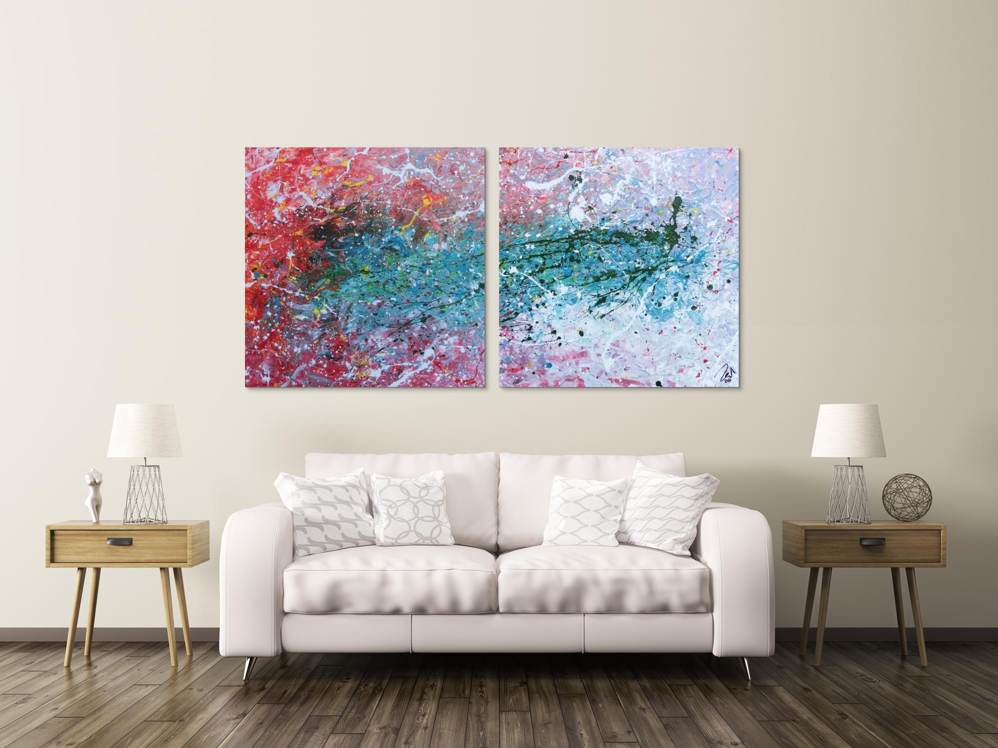 Abstraktes Gemälde modernes Acrylbild aus zwei Teilen helle Farben