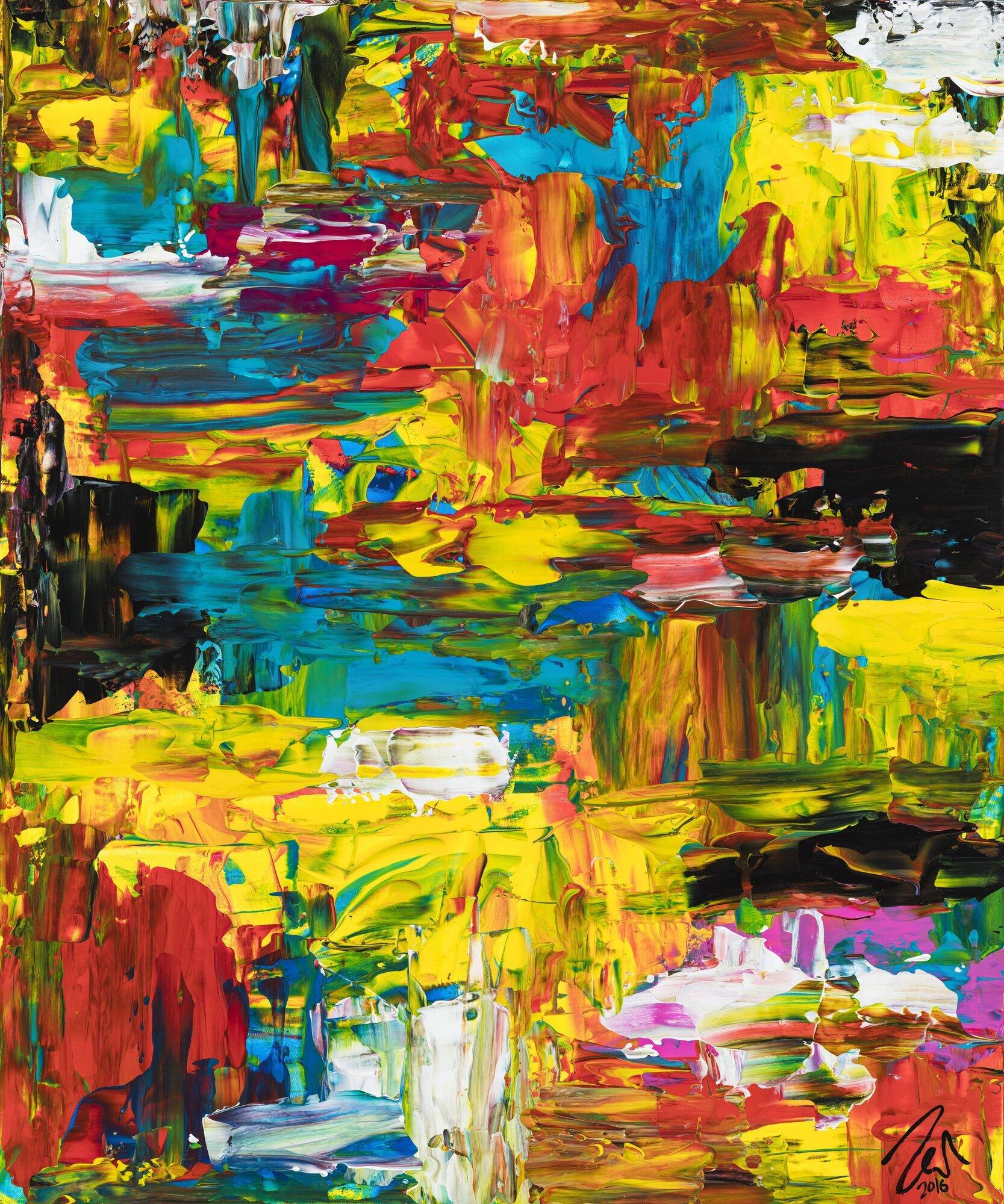 Gemälde Original abstrakt 120x100cm Spachteltechnik Modern Art handgefertigt schwarz gelb rot hochwertig