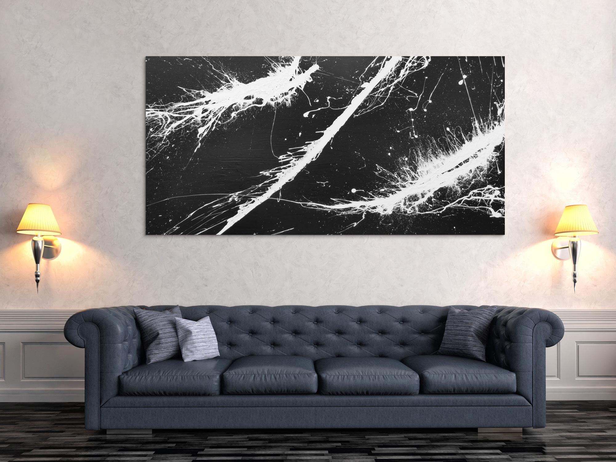 Abstraktes Gemälde minimalistisch sehr modern dunkles anthrazit schwarz weiß Action Painting