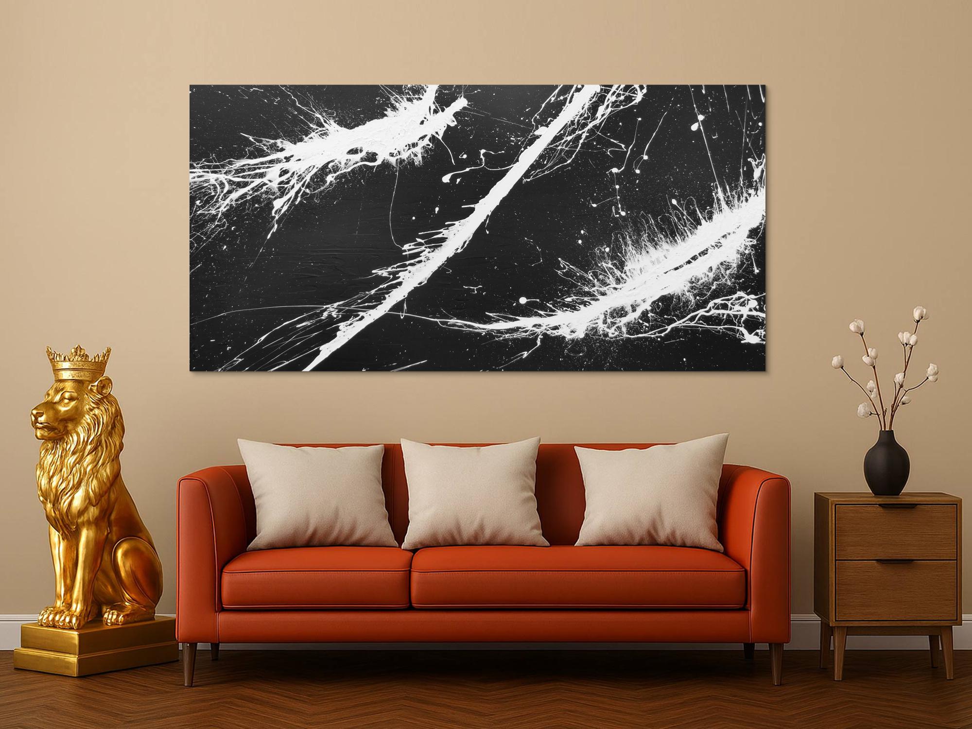 Abstraktes Gemälde minimalistisch sehr modern dunkles anthrazit schwarz weiß Action Painting