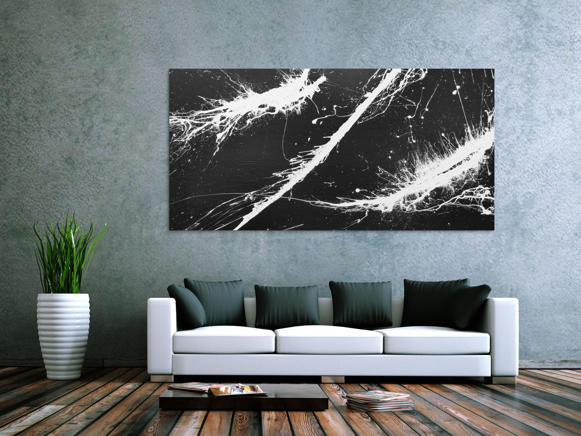 Abstraktes Gemälde minimalistisch sehr modern dunkles anthrazit schwarz weiß Action Painting