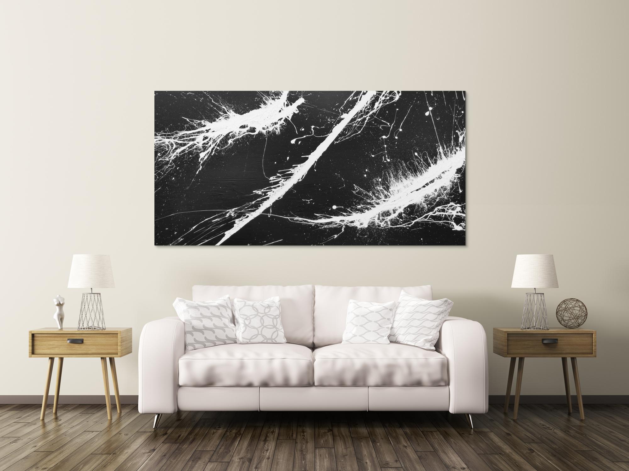 Abstraktes Gemälde minimalistisch sehr modern dunkles anthrazit schwarz weiß Action Painting