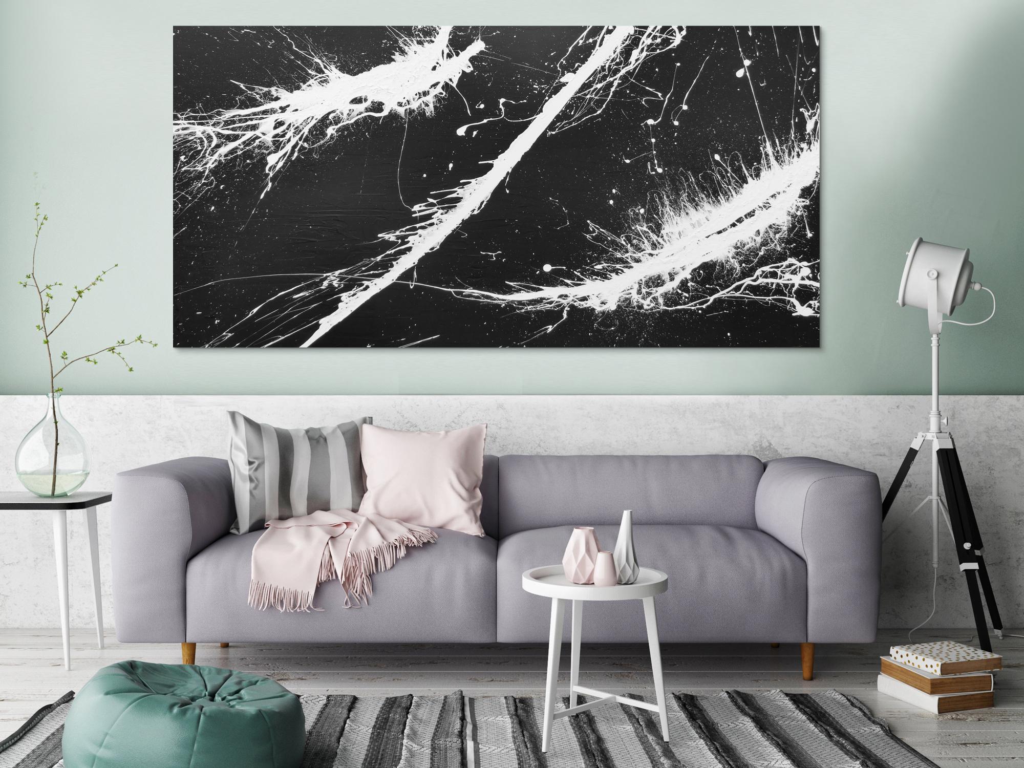 Abstraktes Gemälde minimalistisch sehr modern dunkles anthrazit schwarz weiß Action Painting