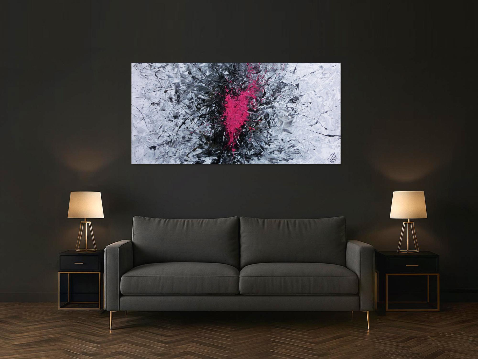 Modernes Acrylbild sehr abstrakt in grau schwarz und pink