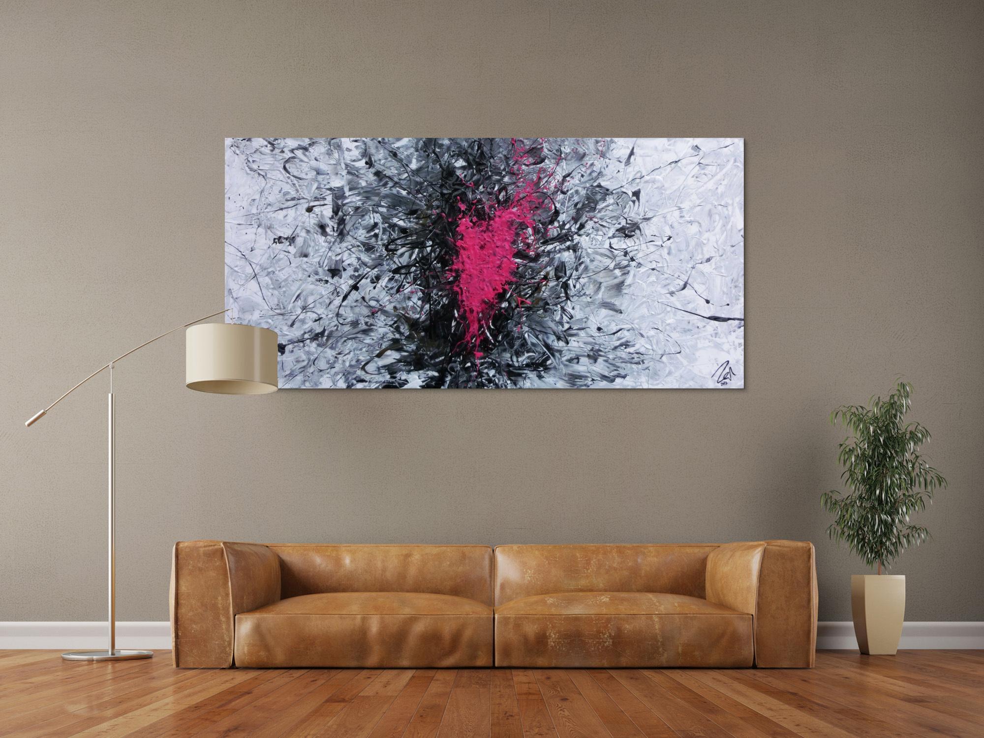 Modernes Acrylbild sehr abstrakt in grau schwarz und pink