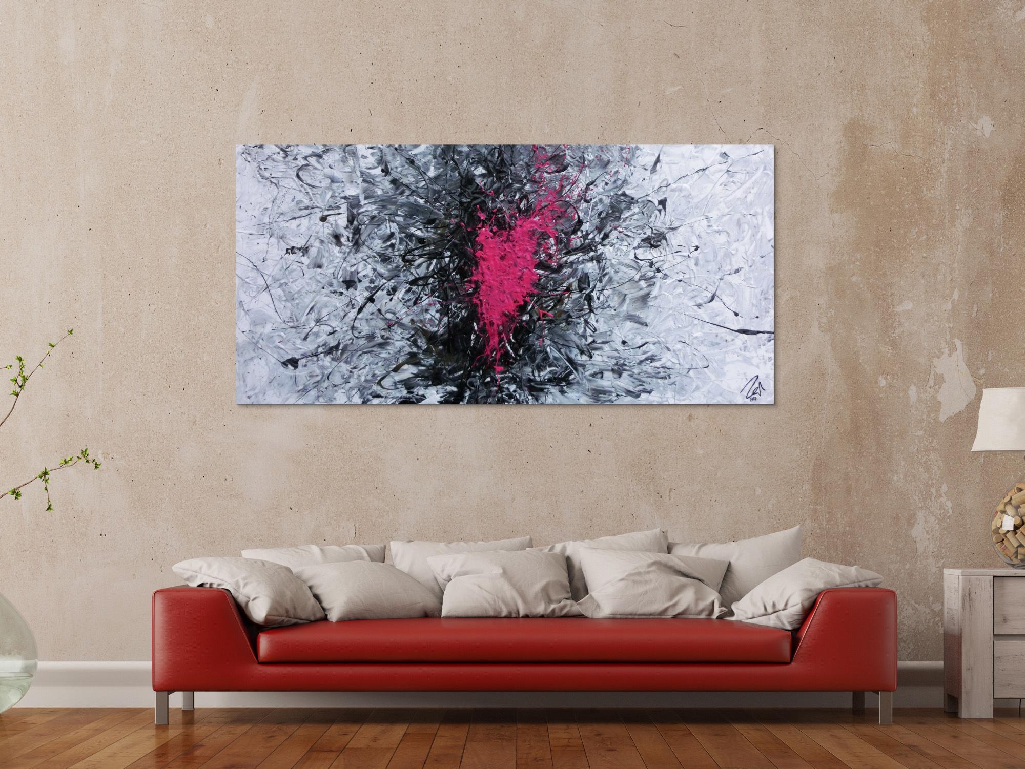 Modernes Acrylbild sehr abstrakt in grau schwarz und pink