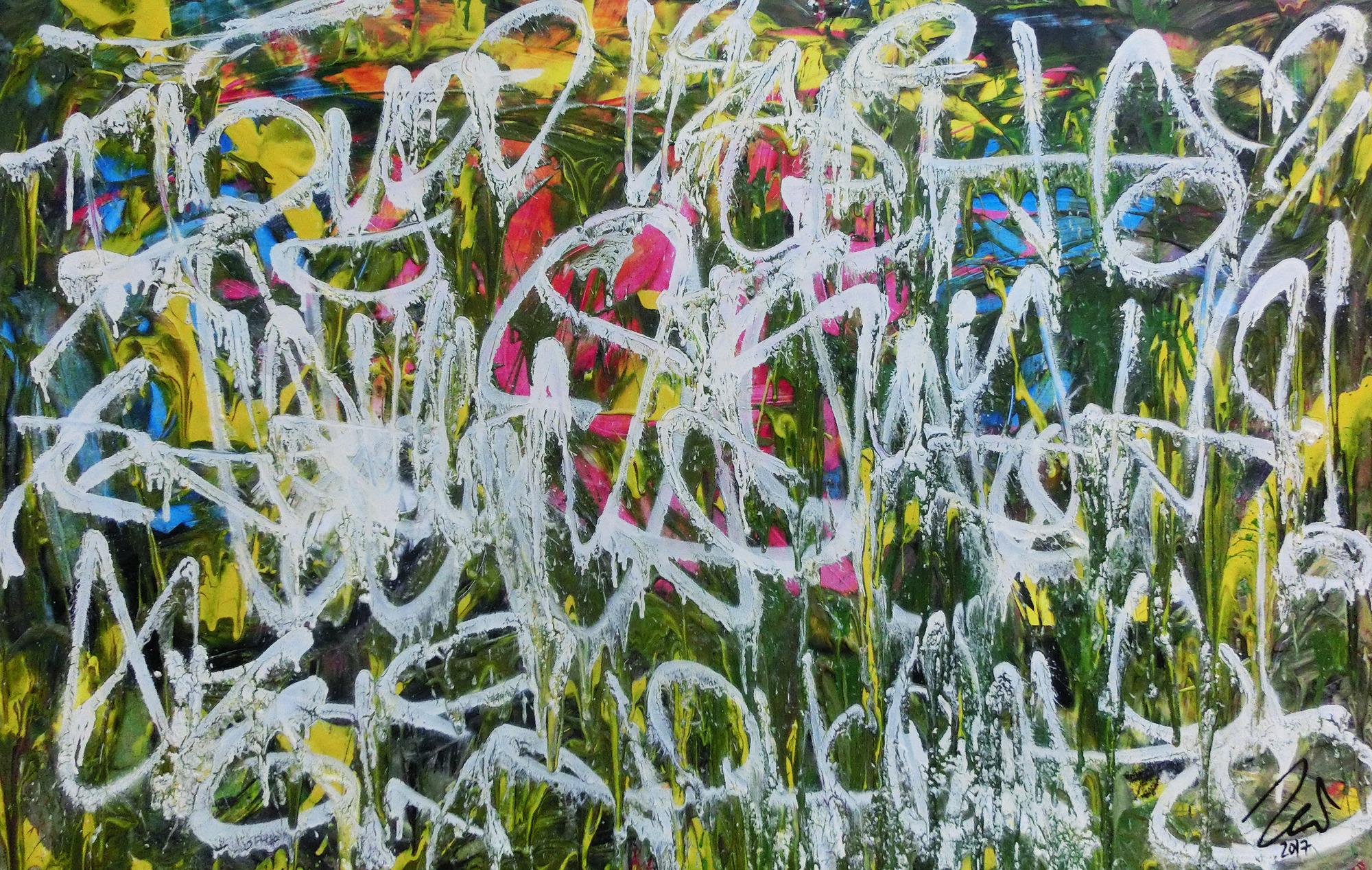 Abstraktes Acrylgemälde Graffiti Tags modern zeitgenössisch bunt und weiß