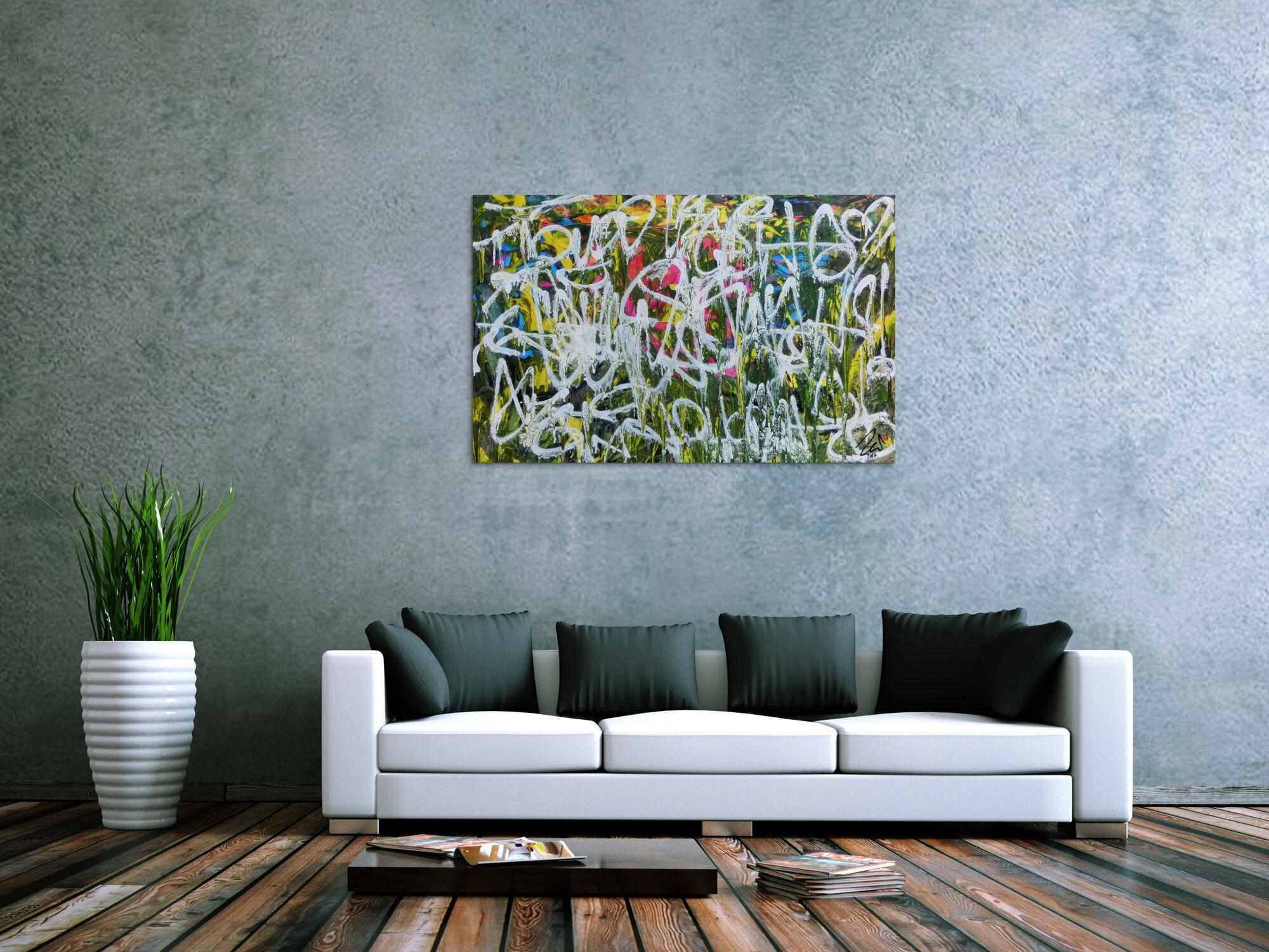 Abstraktes Acrylgemälde Graffiti Tags modern zeitgenössisch bunt und weiß