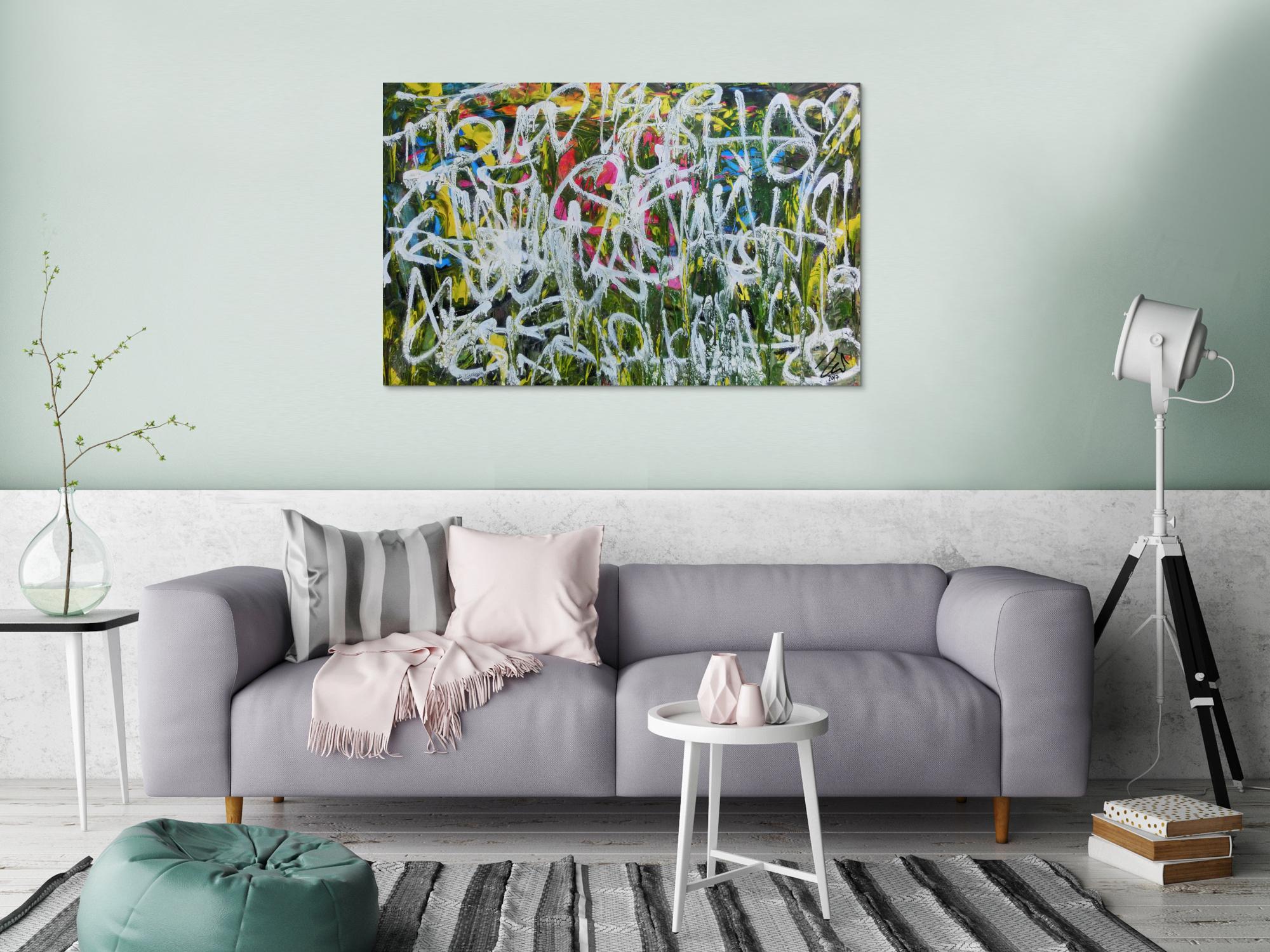 Abstraktes Acrylgemälde Graffiti Tags modern zeitgenössisch bunt und weiß