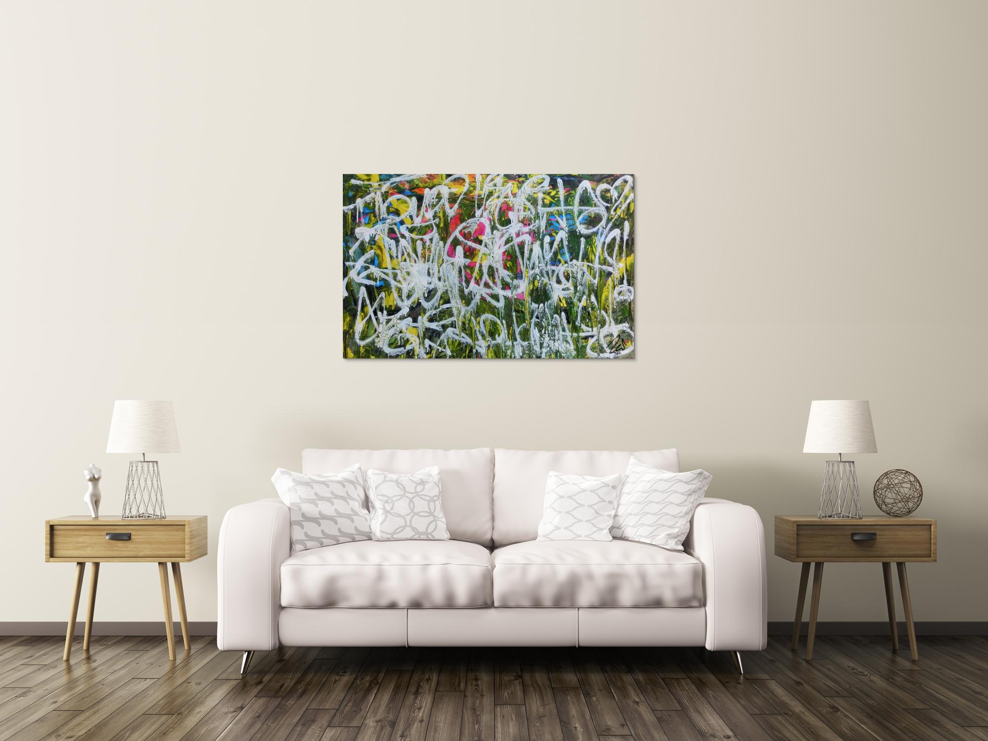 Abstraktes Acrylgemälde Graffiti Tags modern zeitgenössisch bunt und weiß