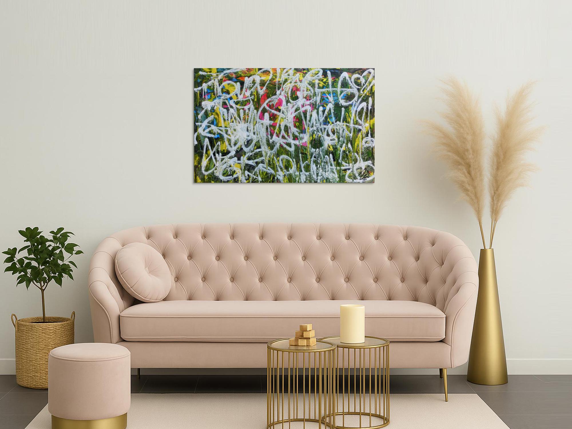 Abstraktes Acrylgemälde Graffiti Tags modern zeitgenössisch bunt und weiß