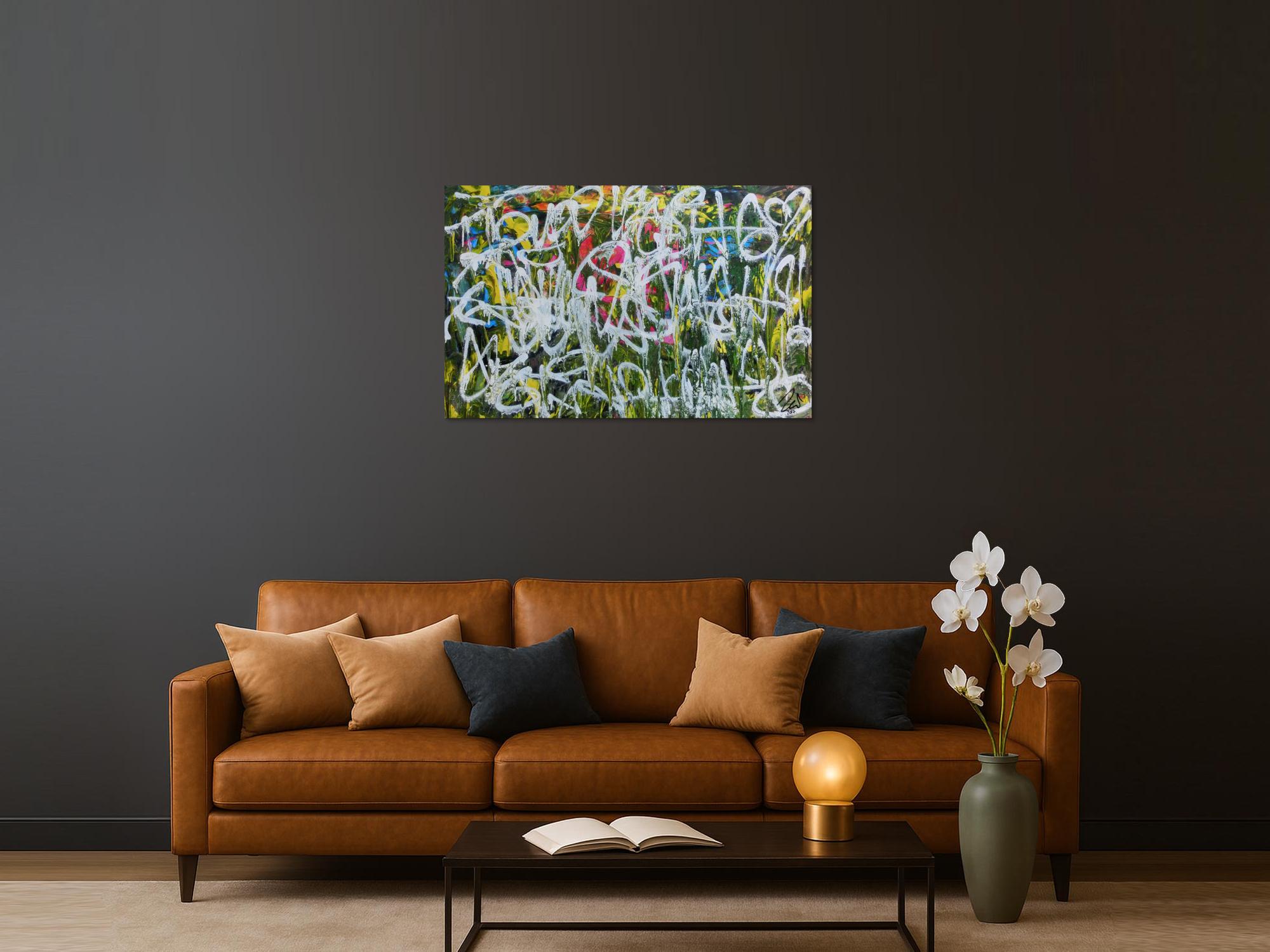 Abstraktes Acrylgemälde Graffiti Tags modern zeitgenössisch bunt und weiß