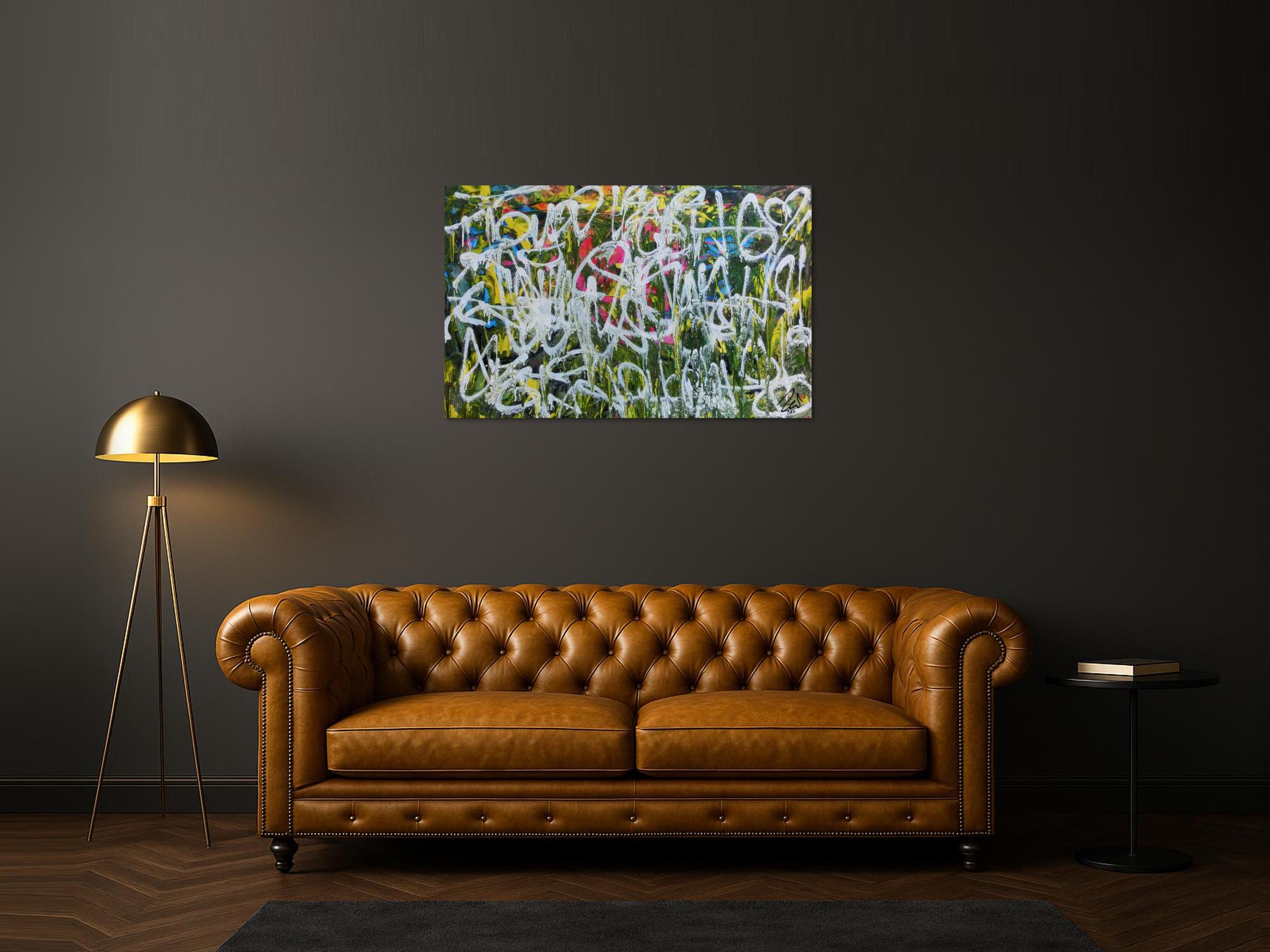 Abstraktes Acrylgemälde Graffiti Tags modern zeitgenössisch bunt und weiß