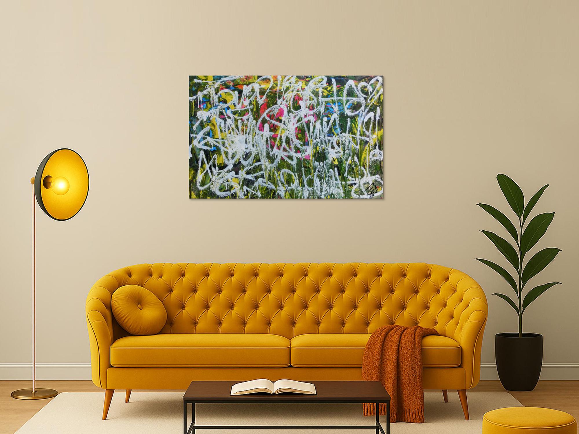 Abstraktes Acrylgemälde Graffiti Tags modern zeitgenössisch bunt und weiß