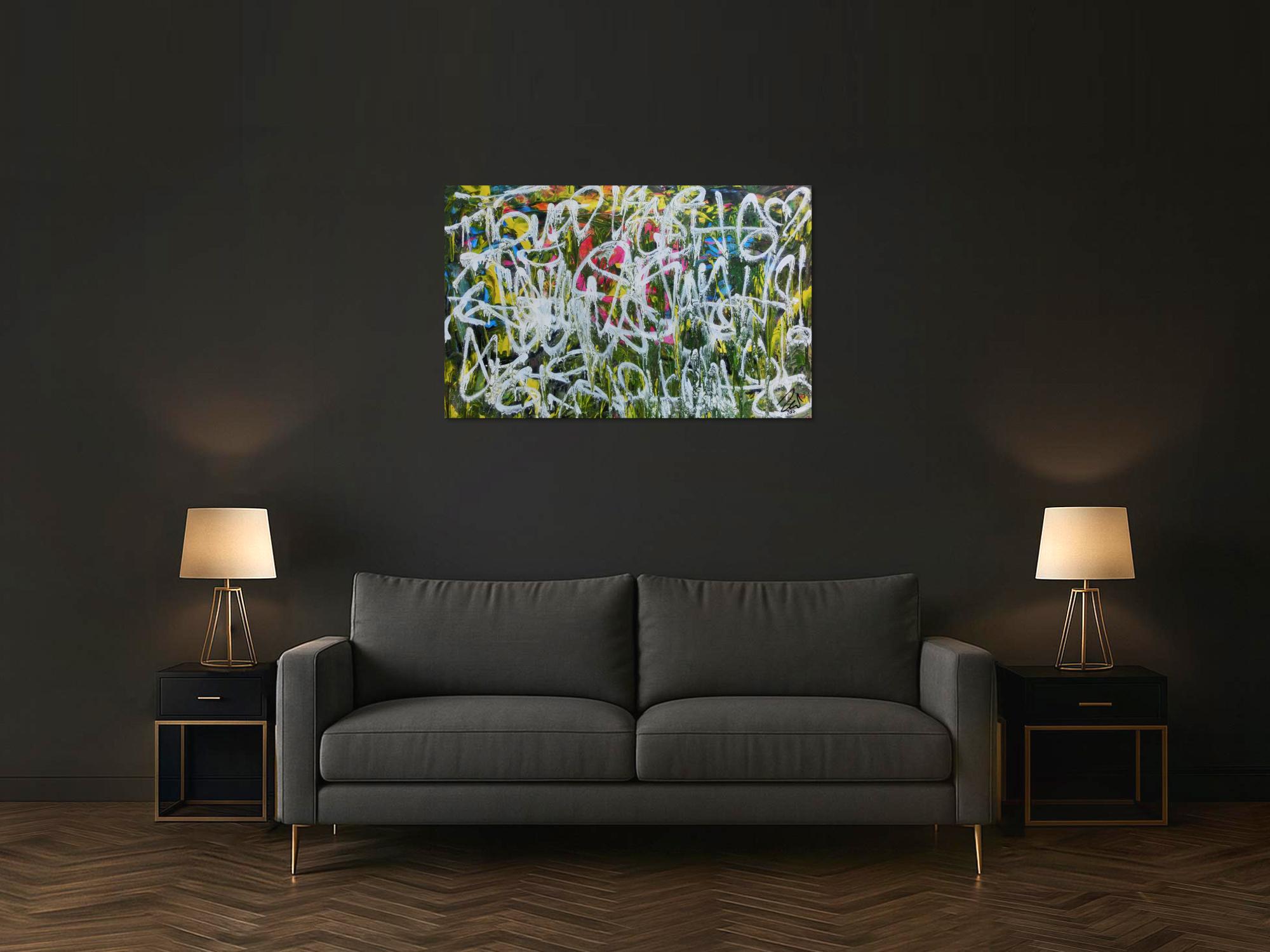 Abstraktes Acrylgemälde Graffiti Tags modern zeitgenössisch bunt und weiß