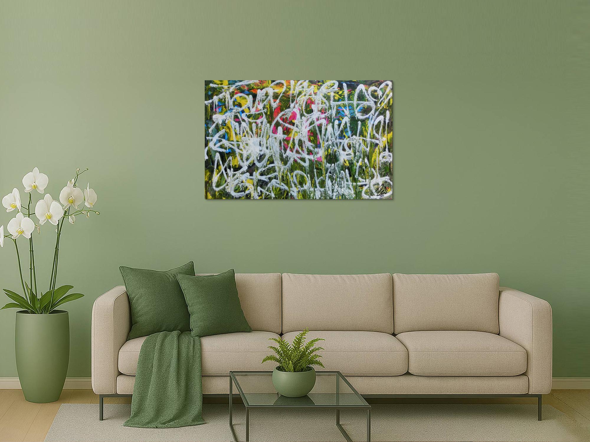 Abstraktes Acrylgemälde Graffiti Tags modern zeitgenössisch bunt und weiß