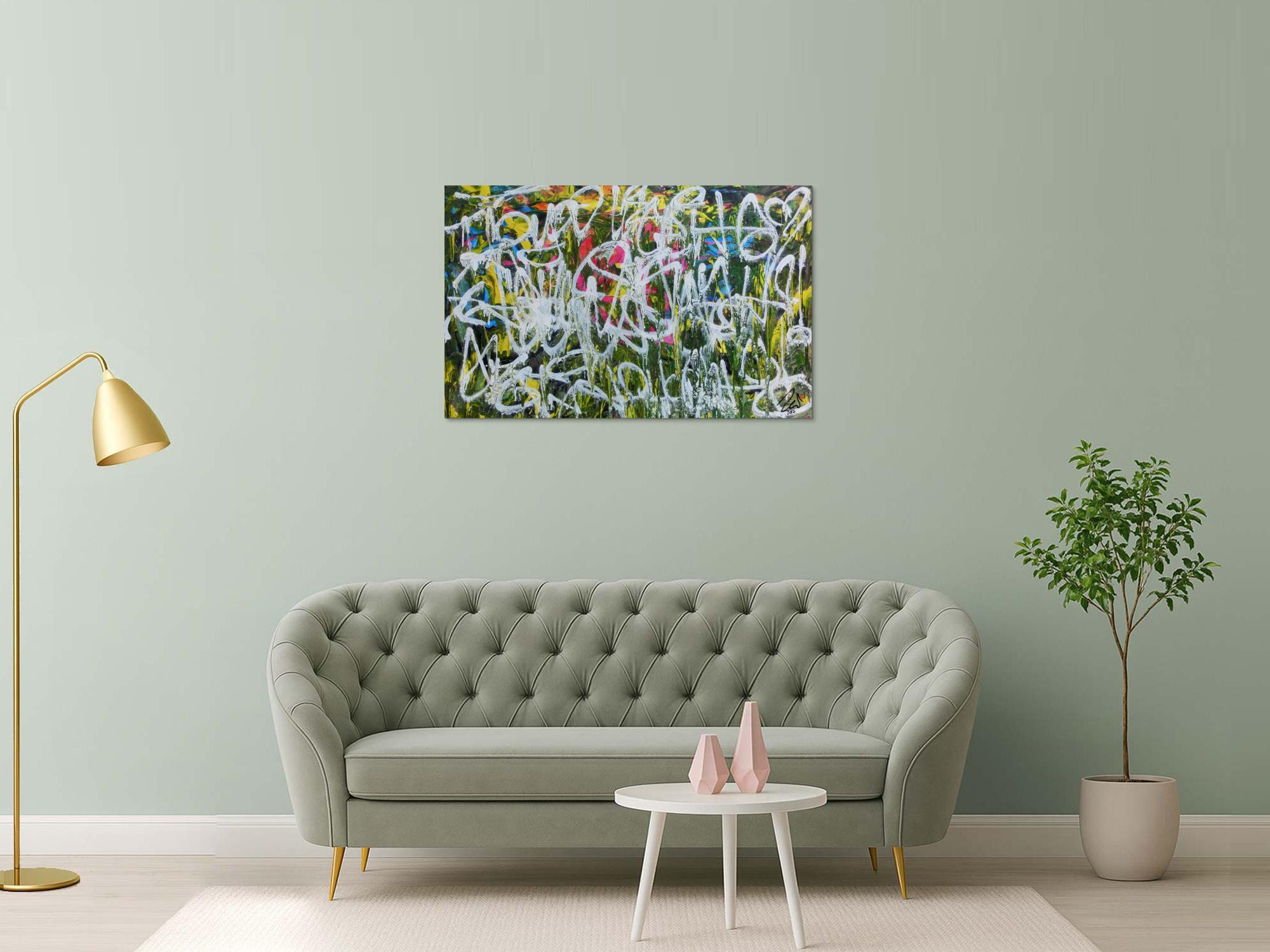 Abstraktes Acrylgemälde Graffiti Tags modern zeitgenössisch bunt und weiß