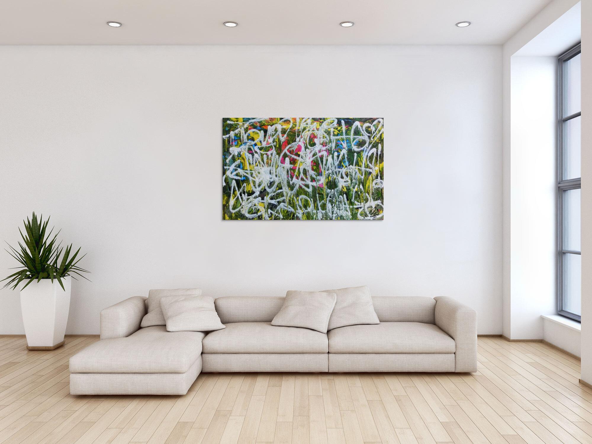 Abstraktes Acrylgemälde Graffiti Tags modern zeitgenössisch bunt und weiß