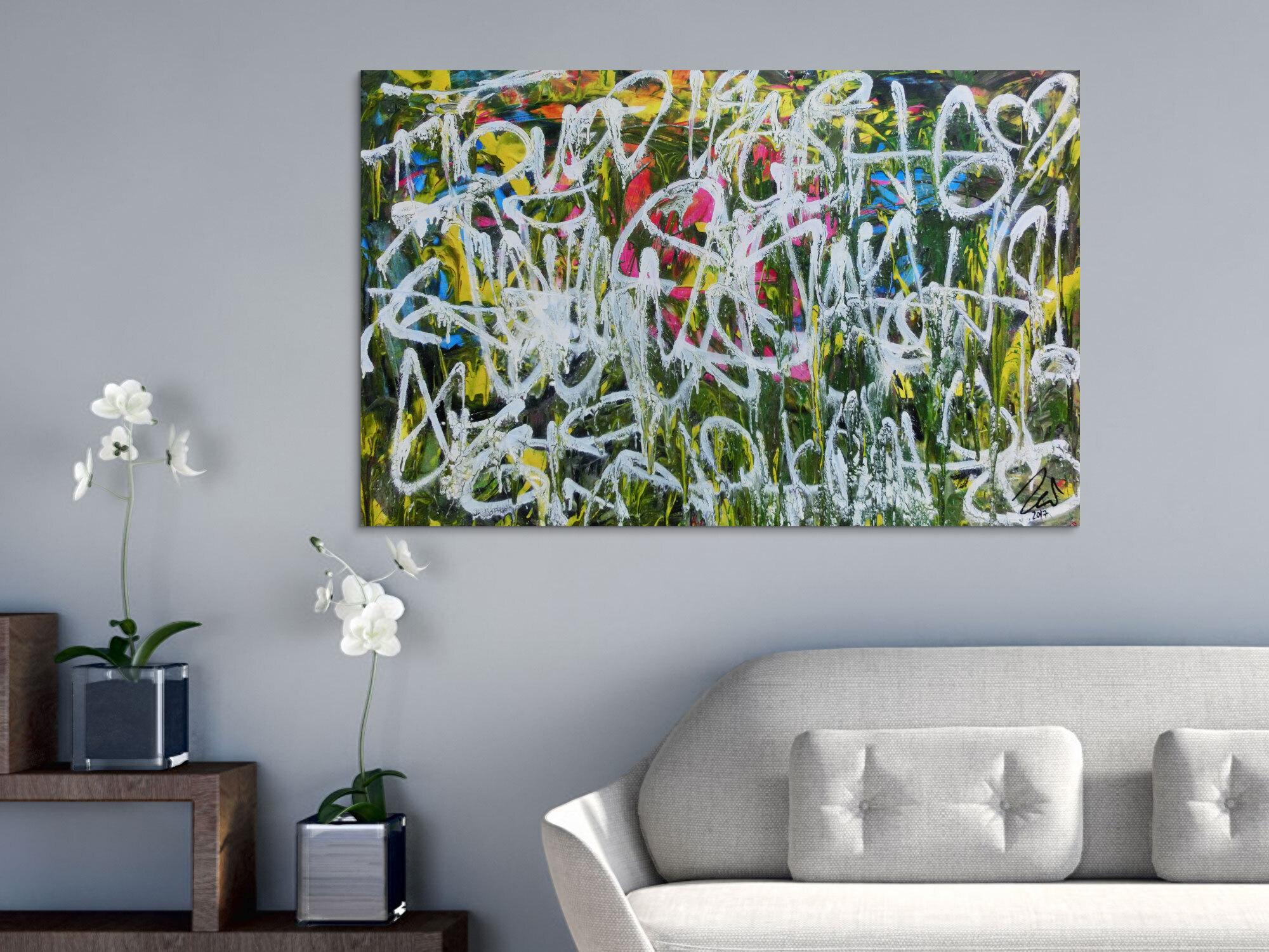 Abstraktes Acrylgemälde Graffiti Tags modern zeitgenössisch bunt und weiß