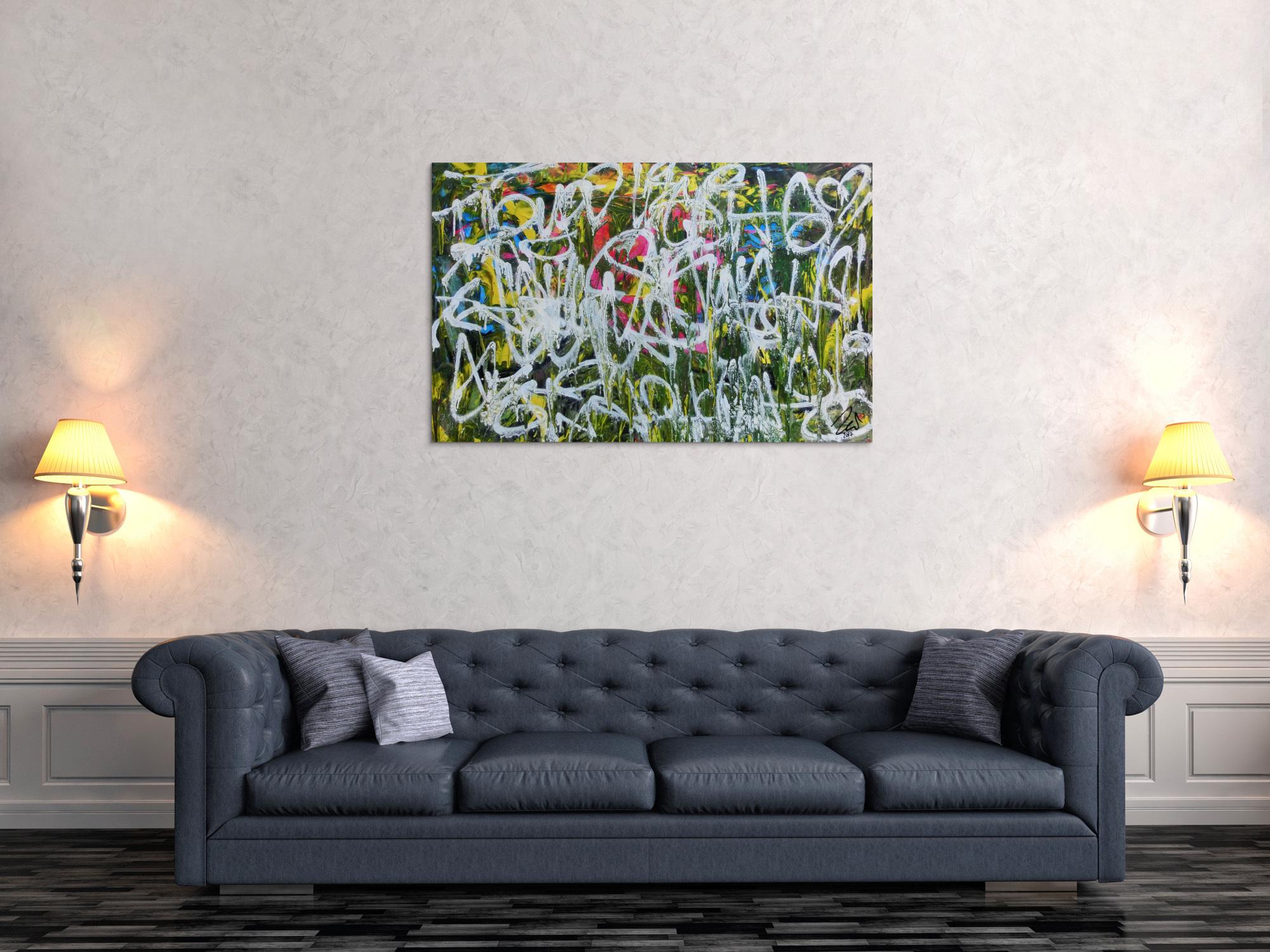 Abstraktes Acrylgemälde Graffiti Tags modern zeitgenössisch bunt und weiß