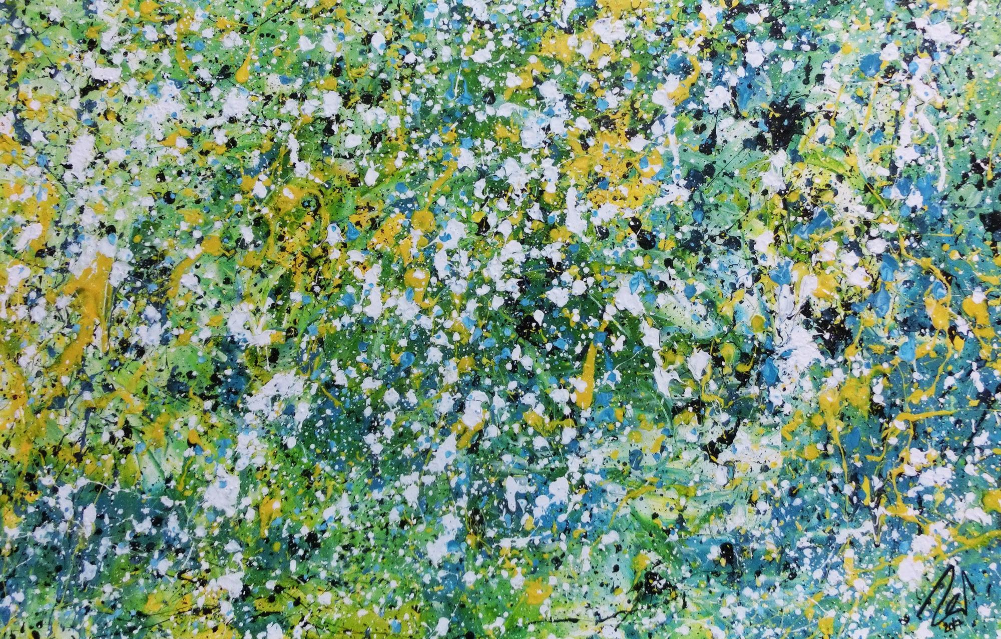 Sehr modernes Acrylgemälde abstrakt in türkis gelb weiß