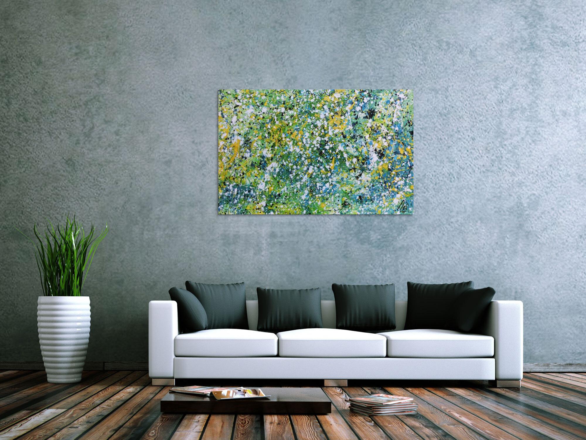 Sehr modernes Acrylgemälde abstrakt in türkis gelb weiß