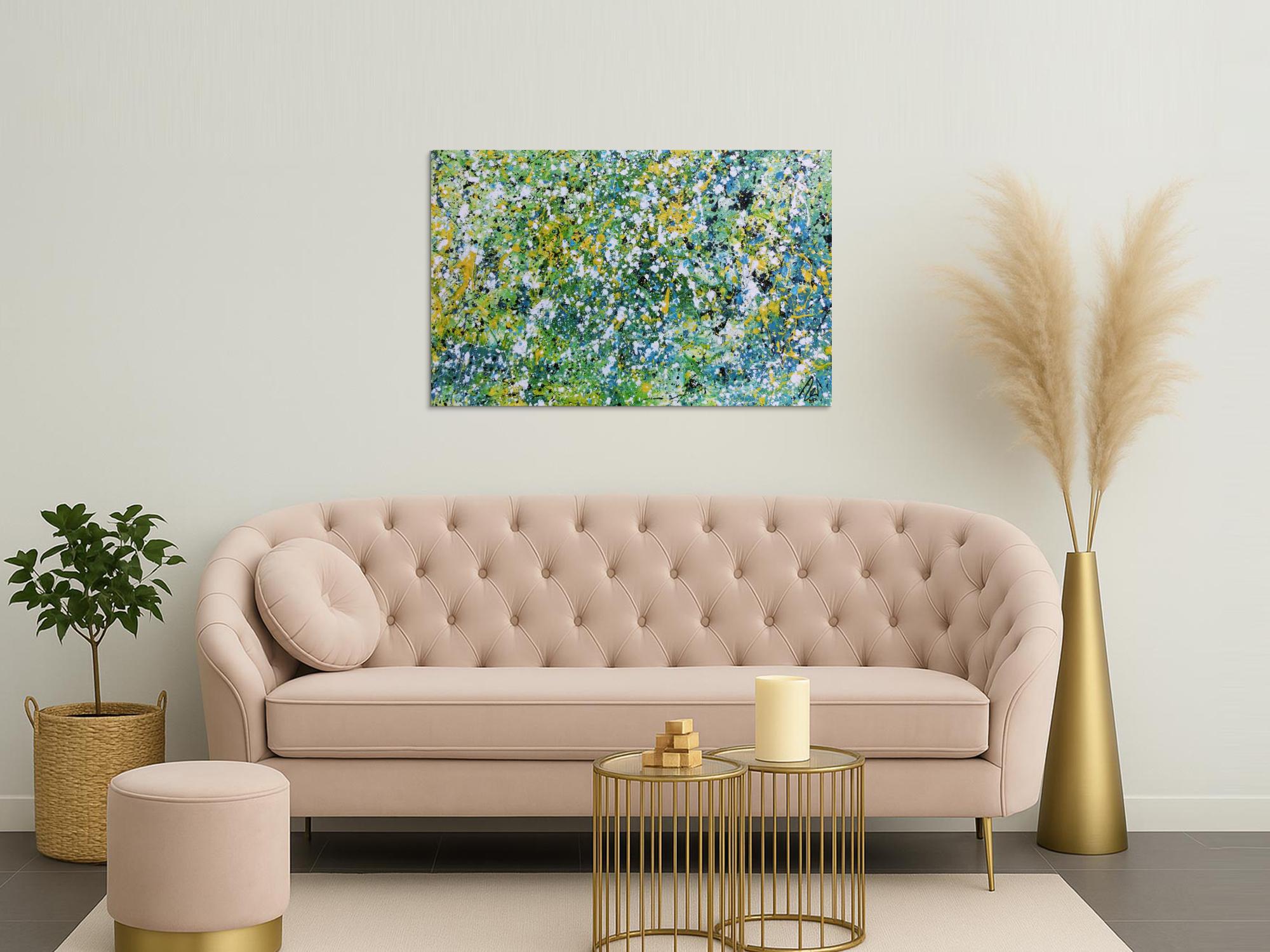 Sehr modernes Acrylgemälde abstrakt in türkis gelb weiß