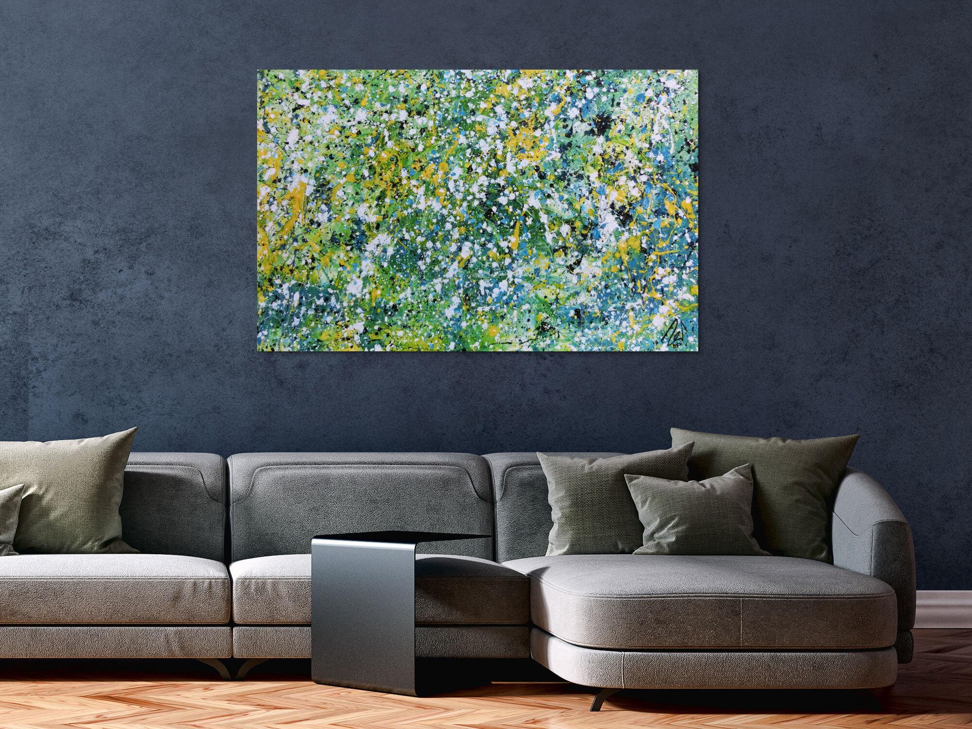 Sehr modernes Acrylgemälde abstrakt in türkis gelb weiß