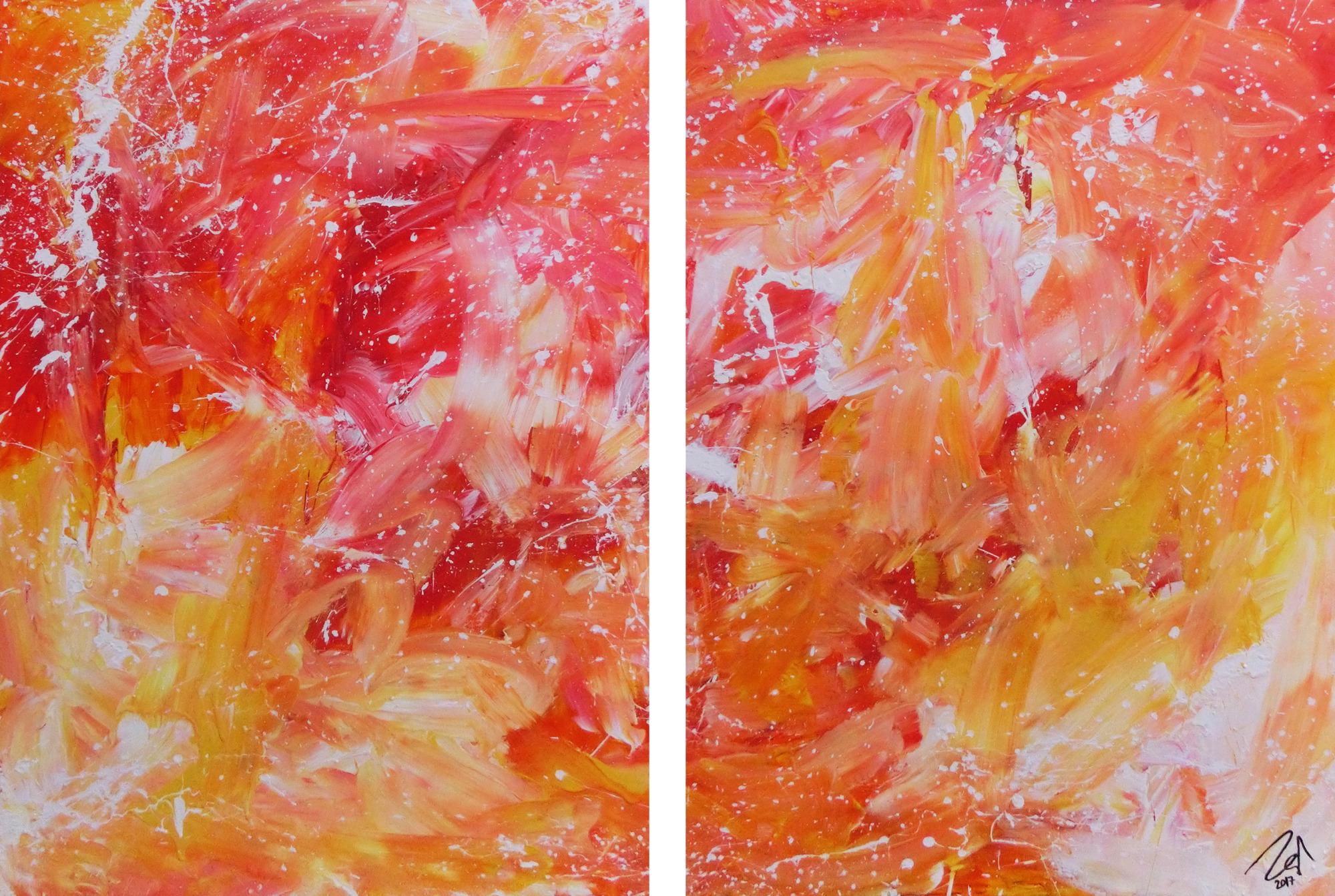 Modernes abstraktes Gemälde aus Acryl zwei Teile helle Farben orange gelb weiß