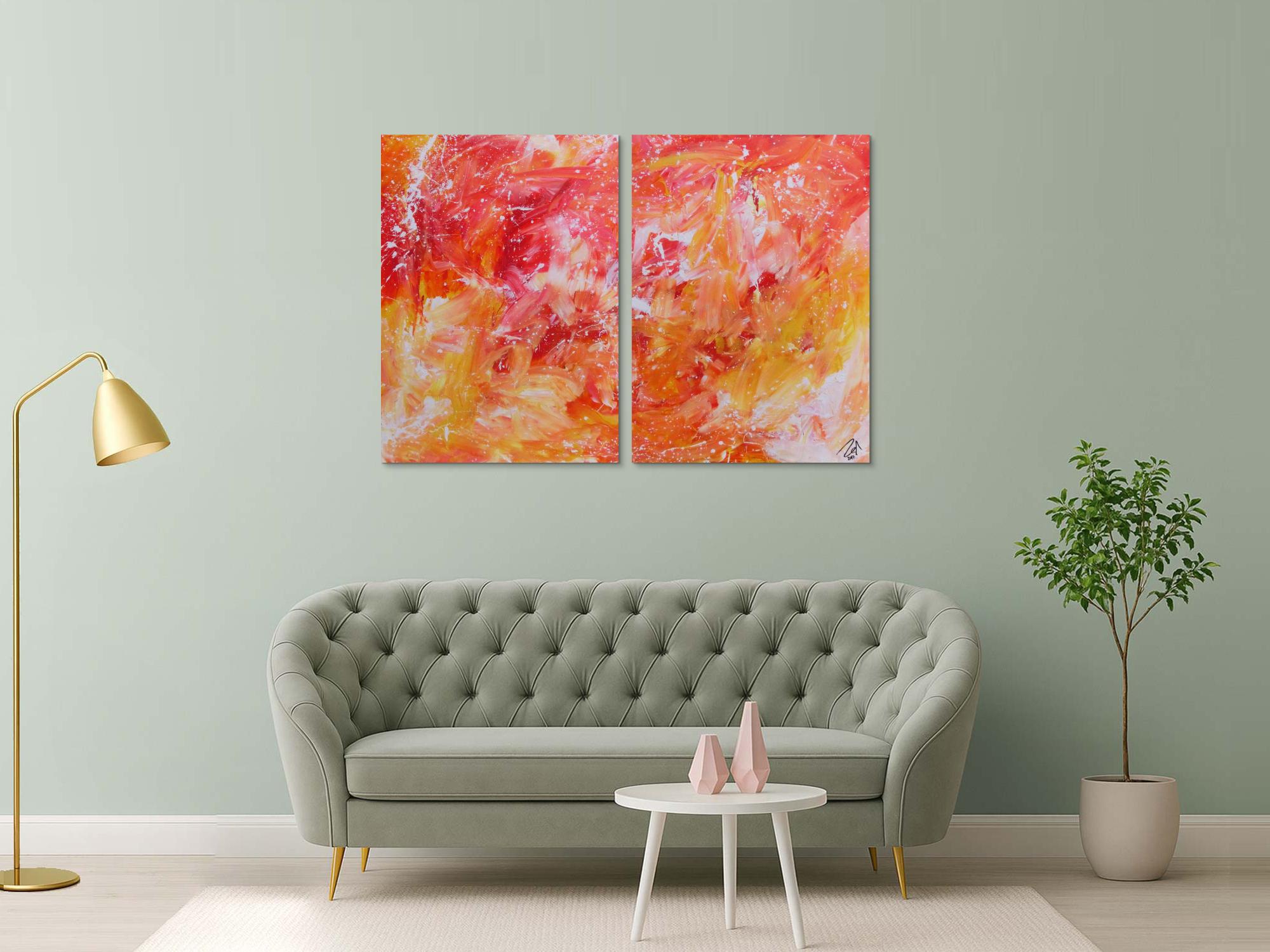 Modernes abstraktes Gemälde aus Acryl zwei Teile helle Farben orange gelb weiß