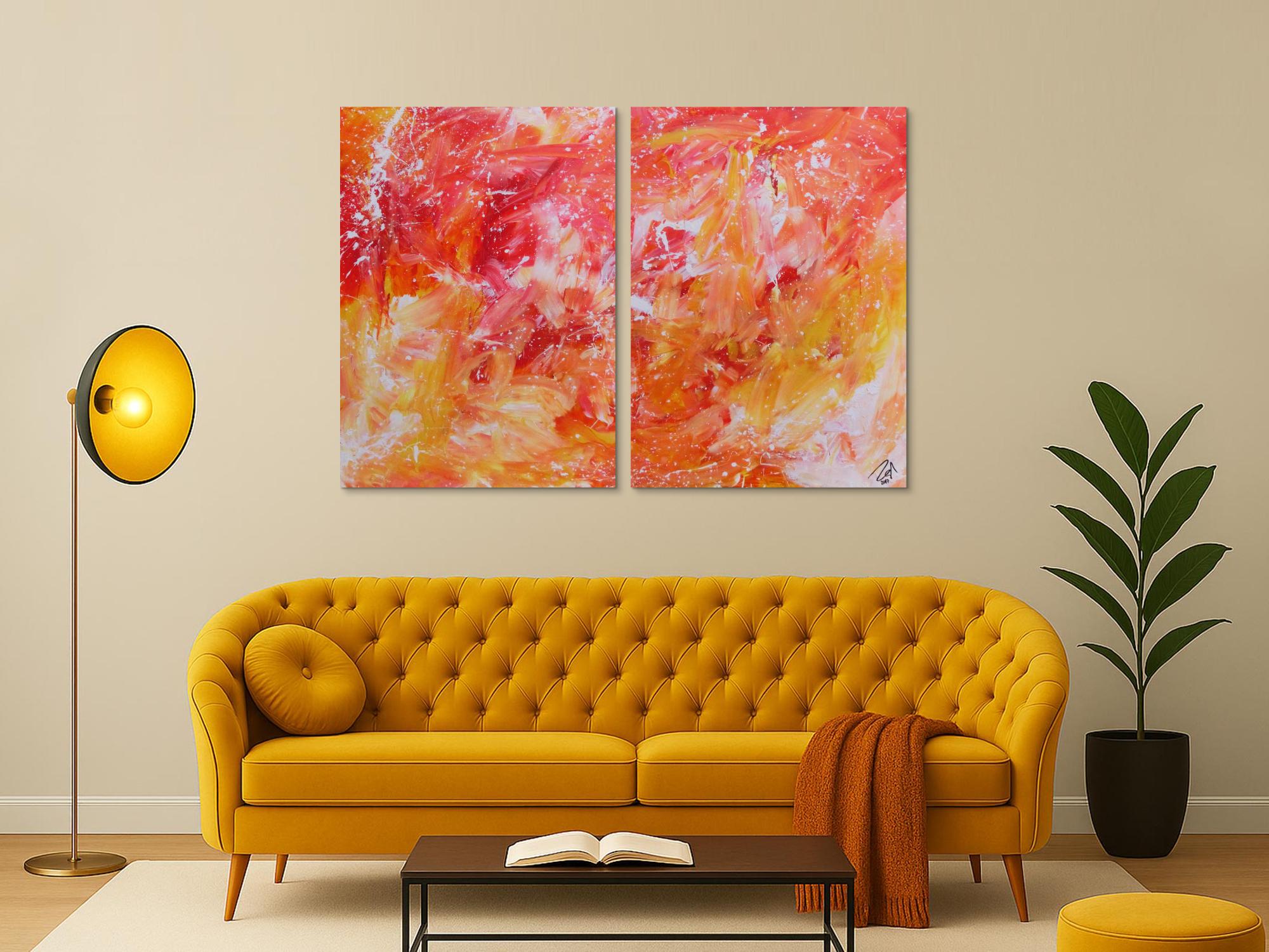 Modernes abstraktes Gemälde aus Acryl zwei Teile helle Farben orange gelb weiß