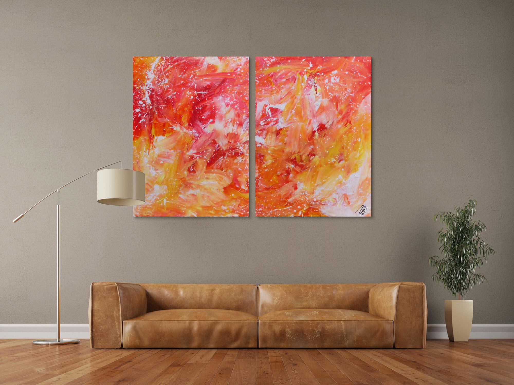 Modernes abstraktes Gemälde aus Acryl zwei Teile helle Farben orange gelb weiß