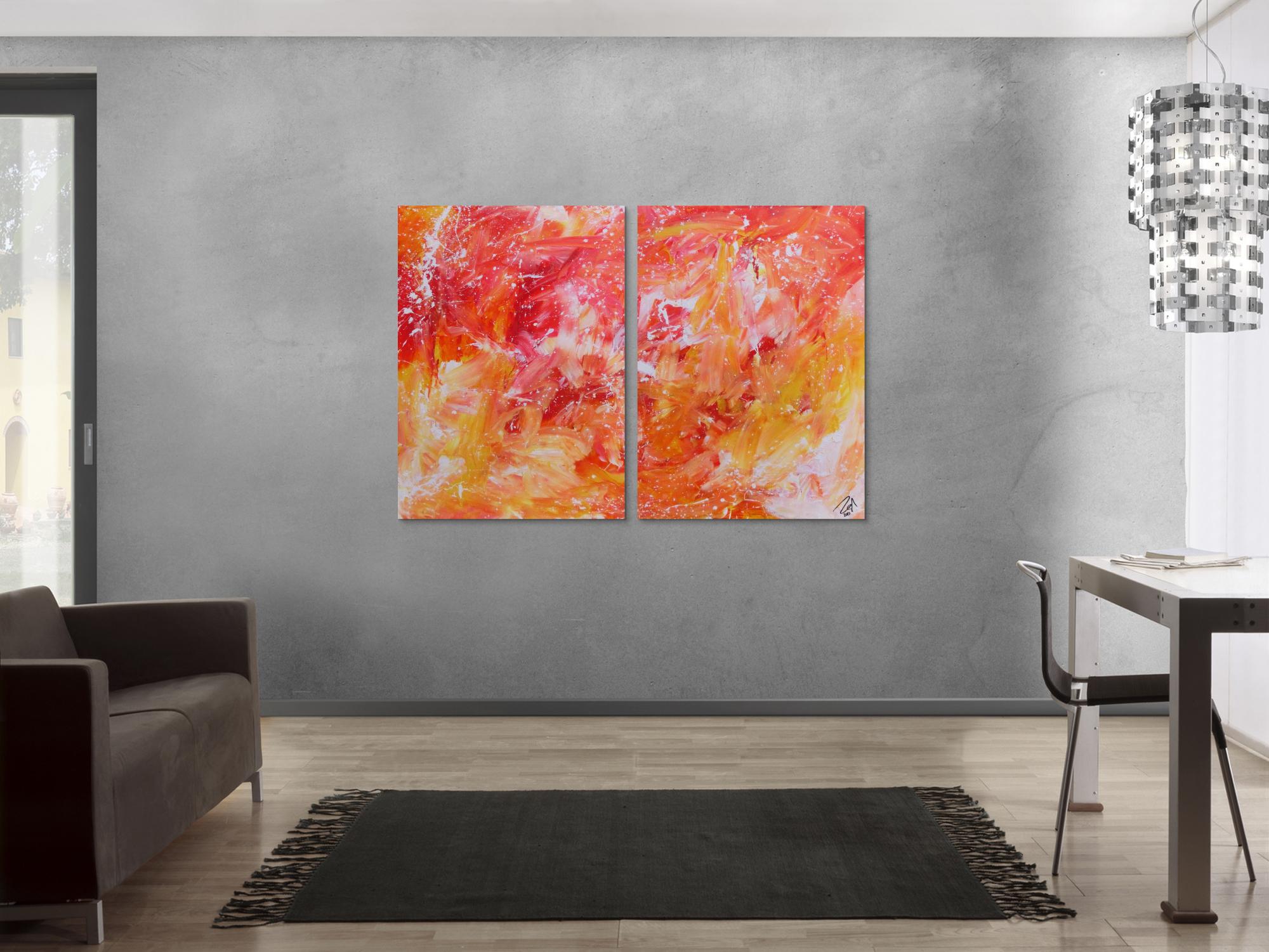 Modernes abstraktes Gemälde aus Acryl zwei Teile helle Farben orange gelb weiß