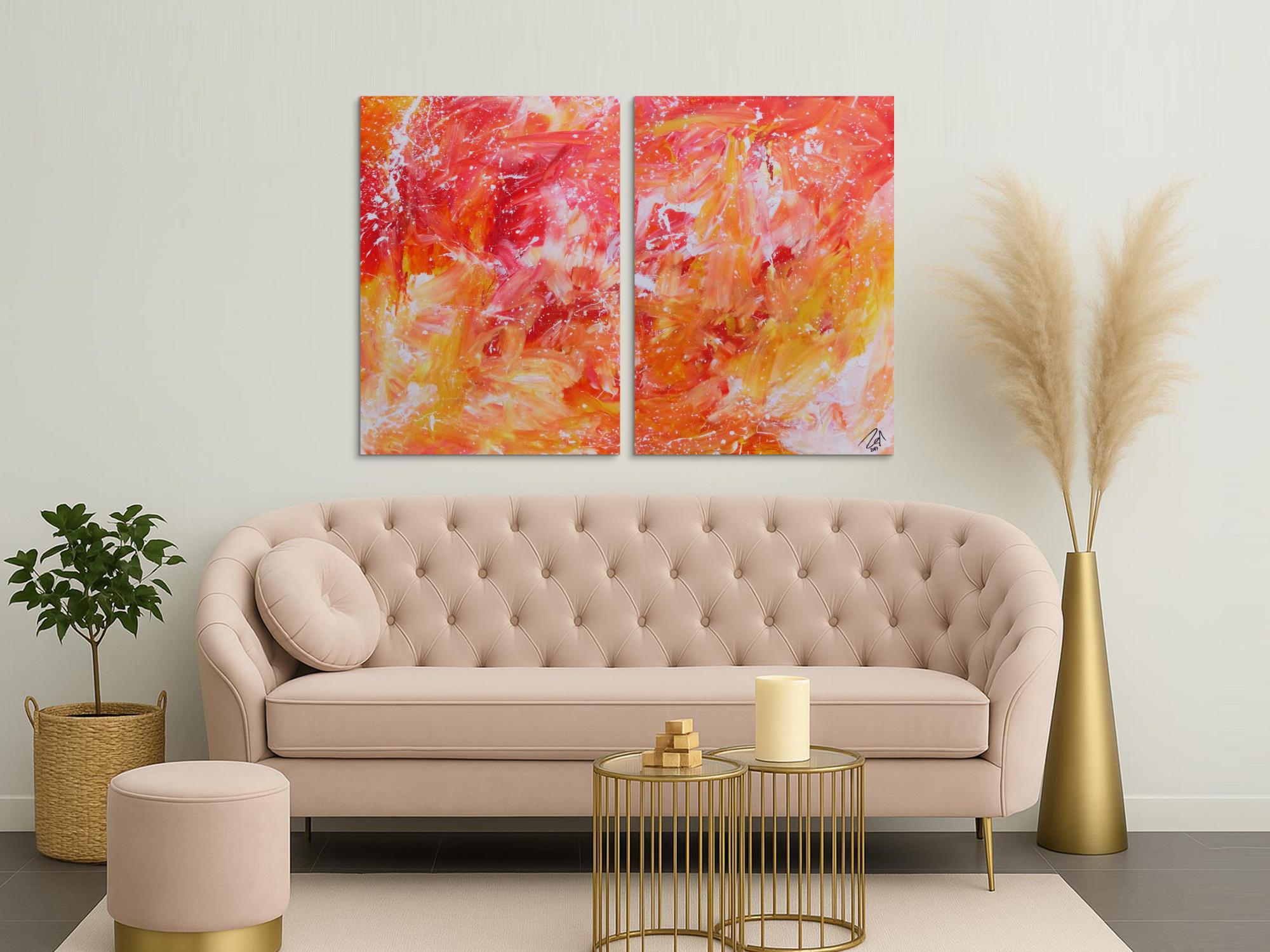 Modernes abstraktes Gemälde aus Acryl zwei Teile helle Farben orange gelb weiß