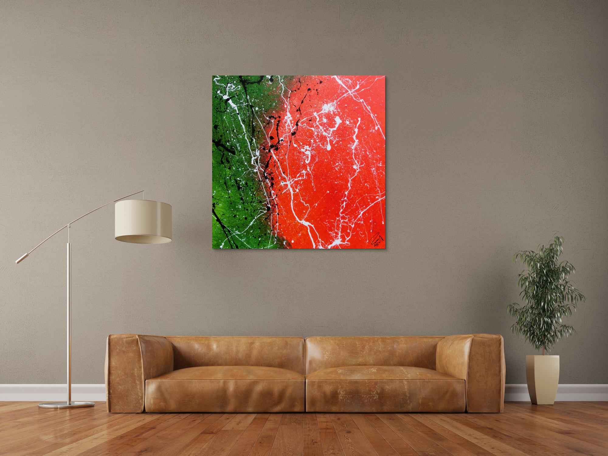 Abstraktes Acrylbild modernes Gemälde in grün und orange zeitgenössisch