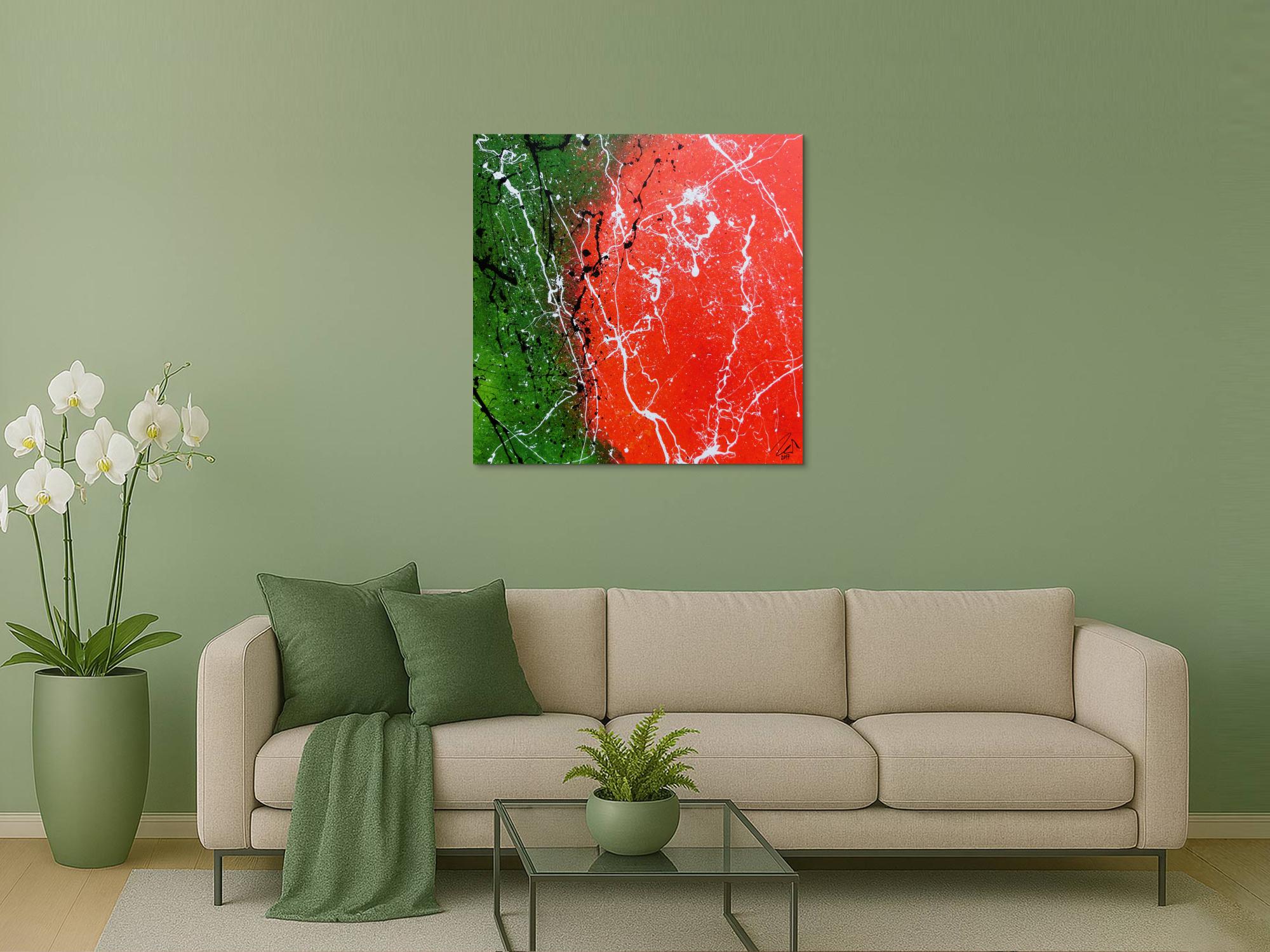 Abstraktes Acrylbild modernes Gemälde in grün und orange zeitgenössisch