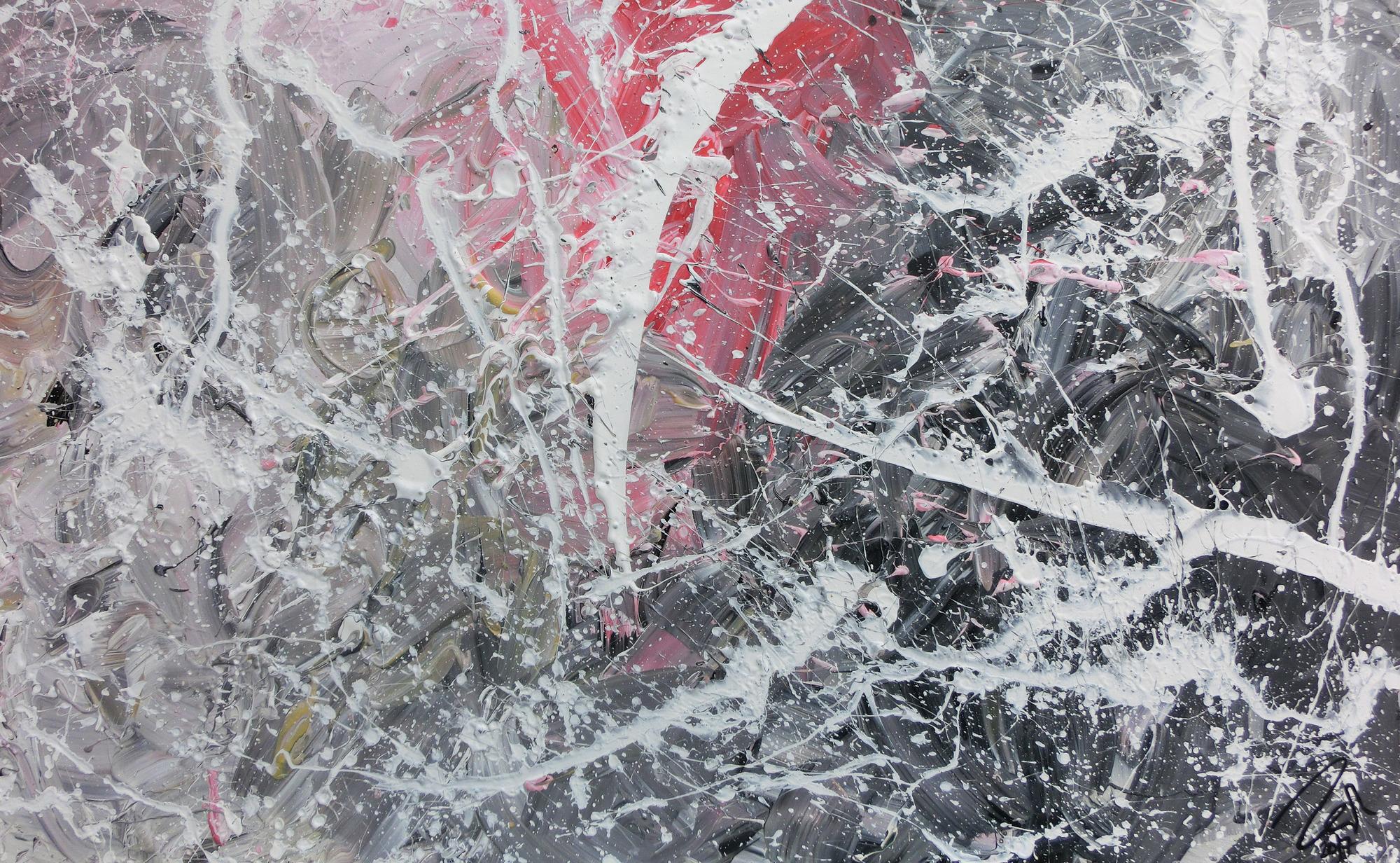 Abstrktes Gemälde in grau weiß rot moderne Malerei Action Painting